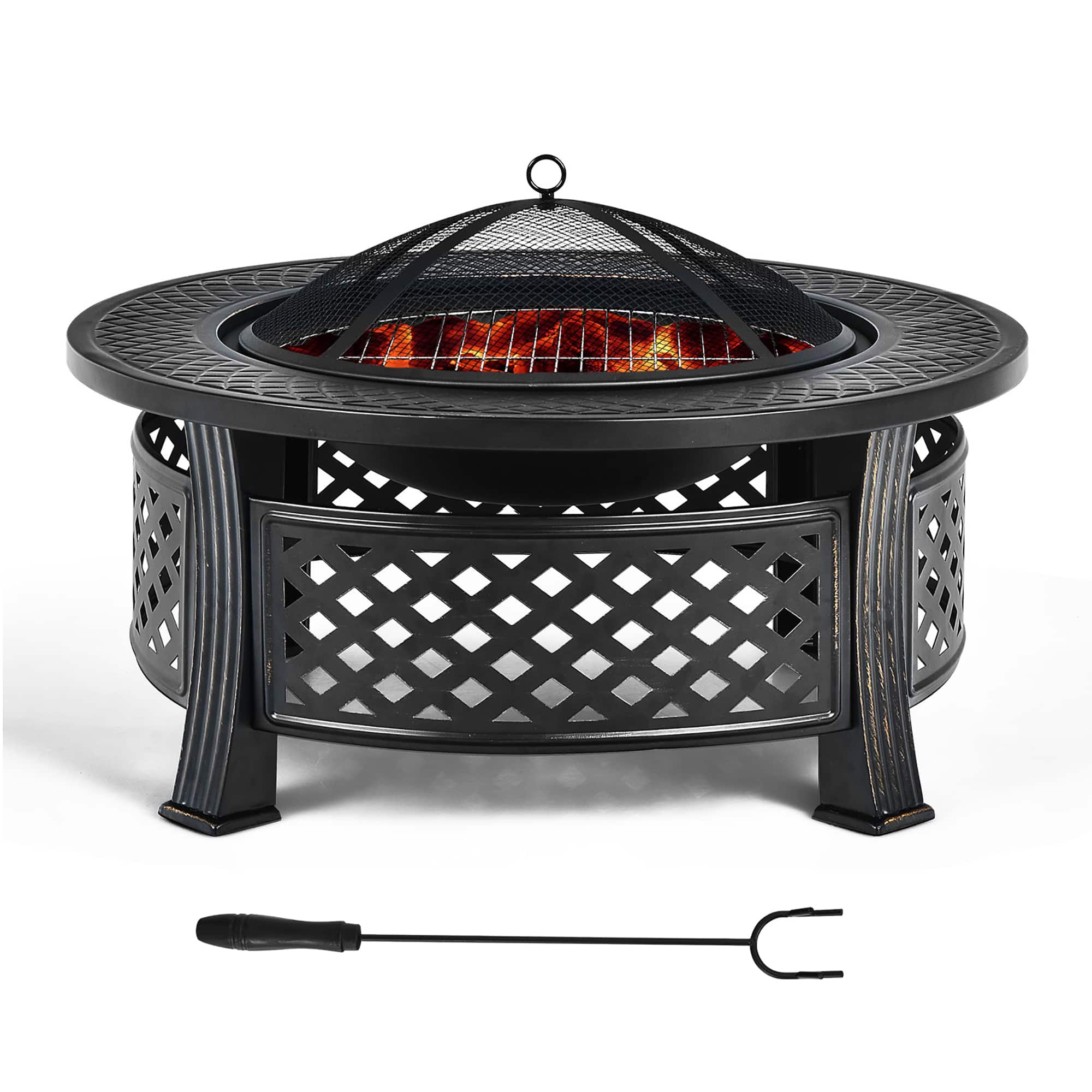 Front. Costway - 32'' Round Fire Pit Set W/ Rain Cover BBQ Grill Log Grate Poker - Black.