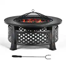 Front. Costway - 32'' Round Fire Pit Set W/ Rain Cover BBQ Grill Log Grate Poker - Black.