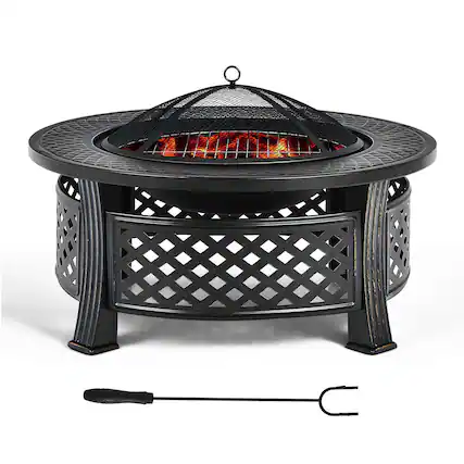 Front. Costway - 32'' Round Fire Pit Set W/ Rain Cover BBQ Grill Log Grate Poker - Black.