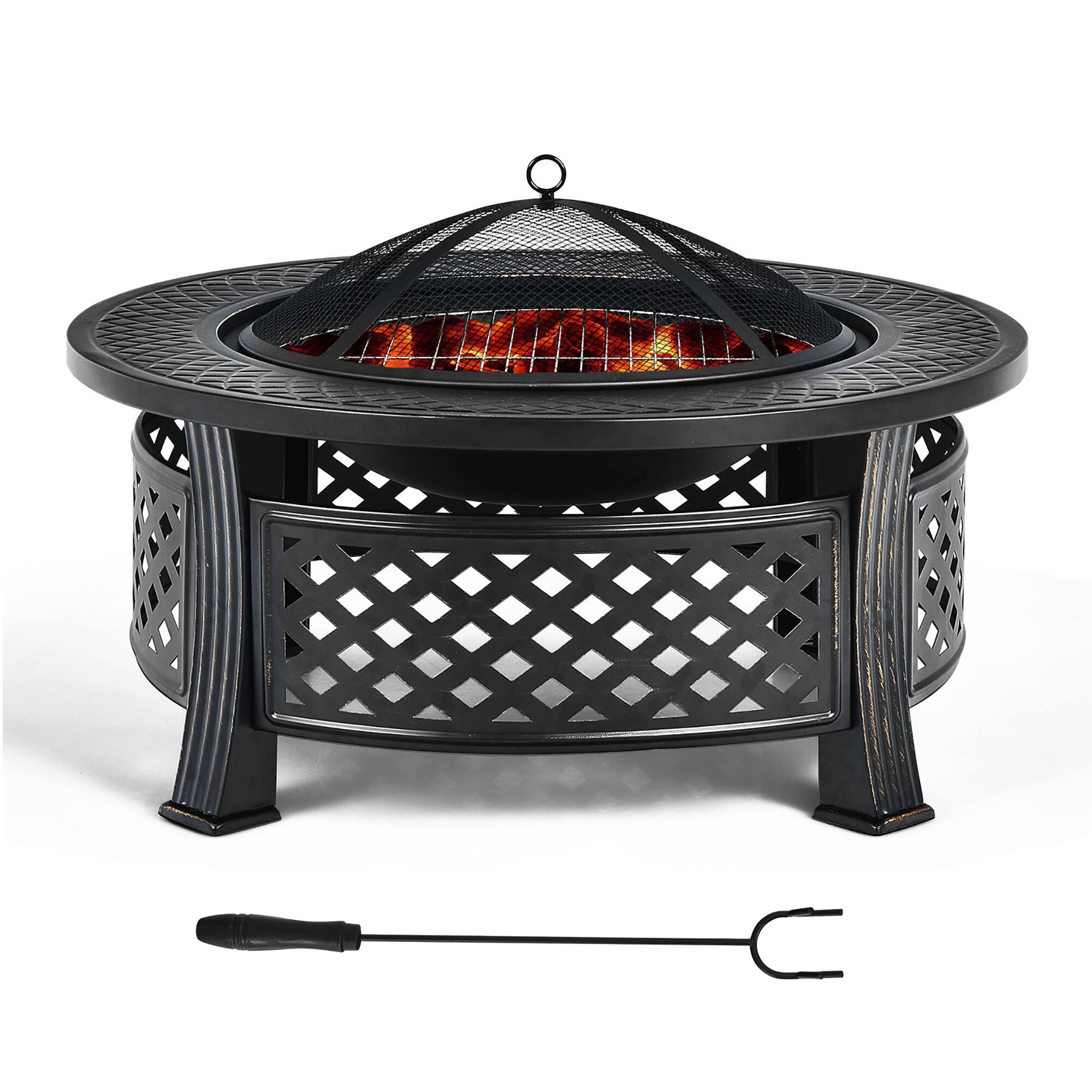 Costway - 32'' Round Fire Pit Set W/ Rain Cover BBQ Grill Log Grate Poker - Black