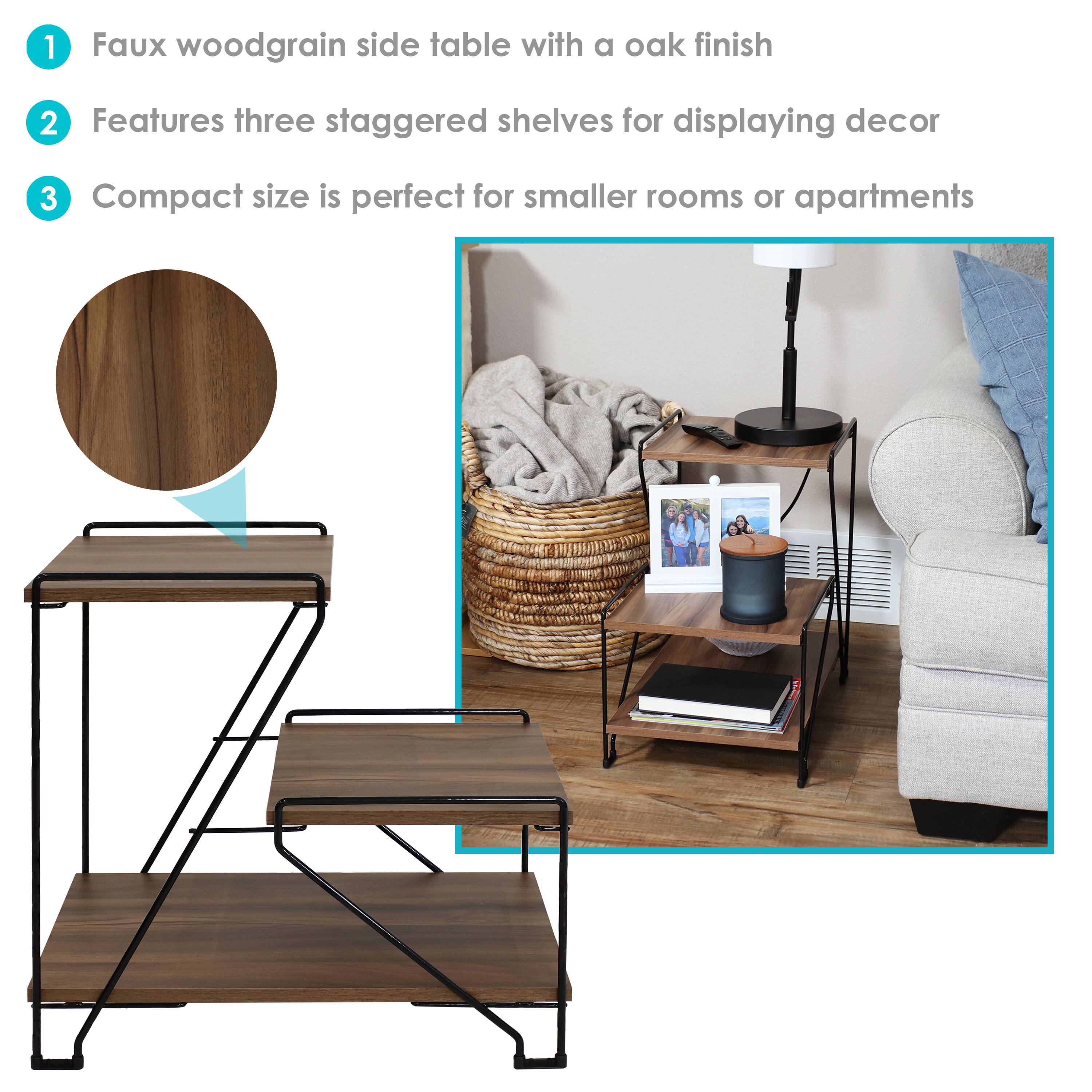 1. Faux woodgrain side table with a oak finish  
2. Features three staggered shelves for displaying decor  
3. Compact size is perfect for smaller rooms or apartments