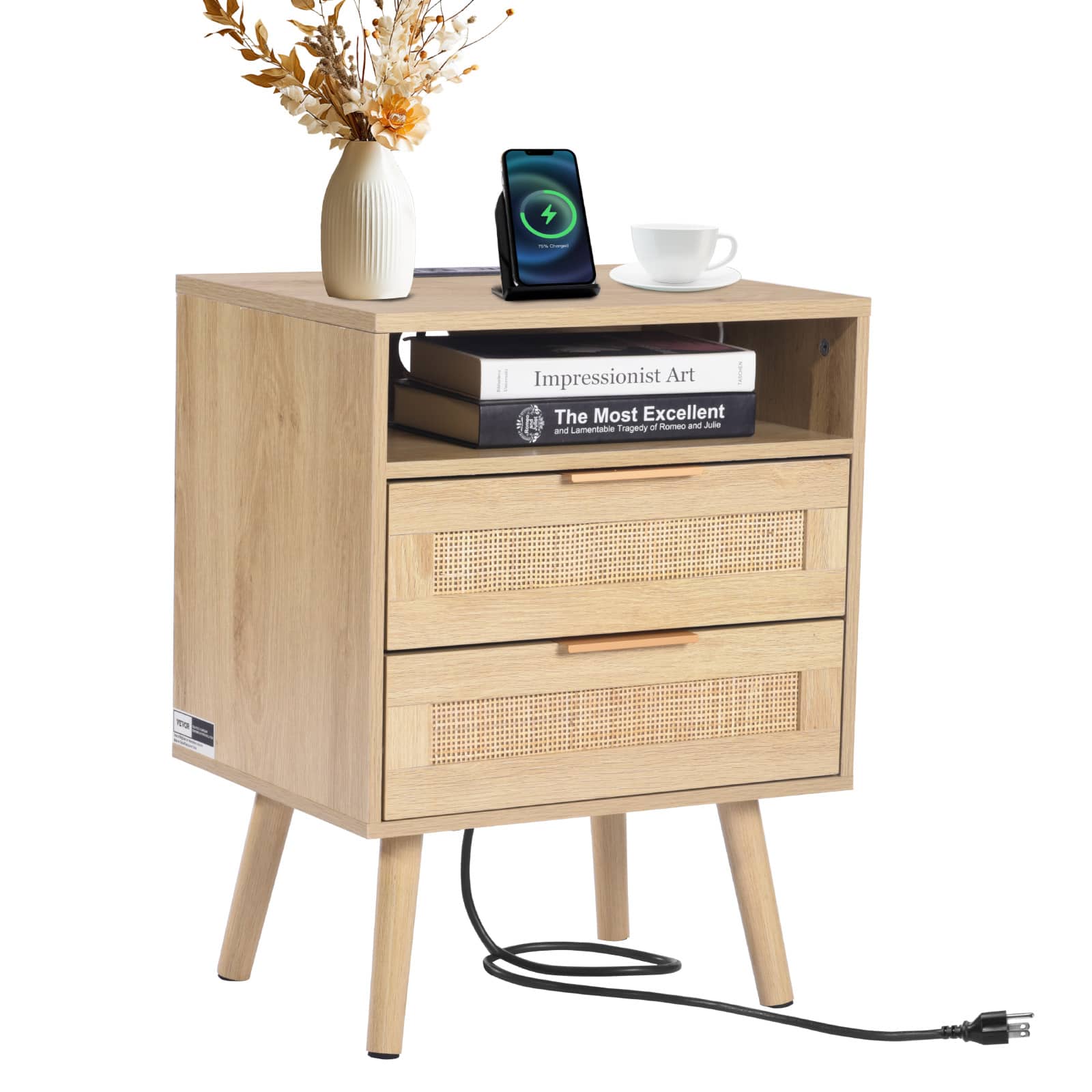 VEVOR - Rattan Nightstand, Boho Bedside Table with Open Shelf 2 Drawers, Rattan End Table Nightstand with Solid Wood Legs - Oak