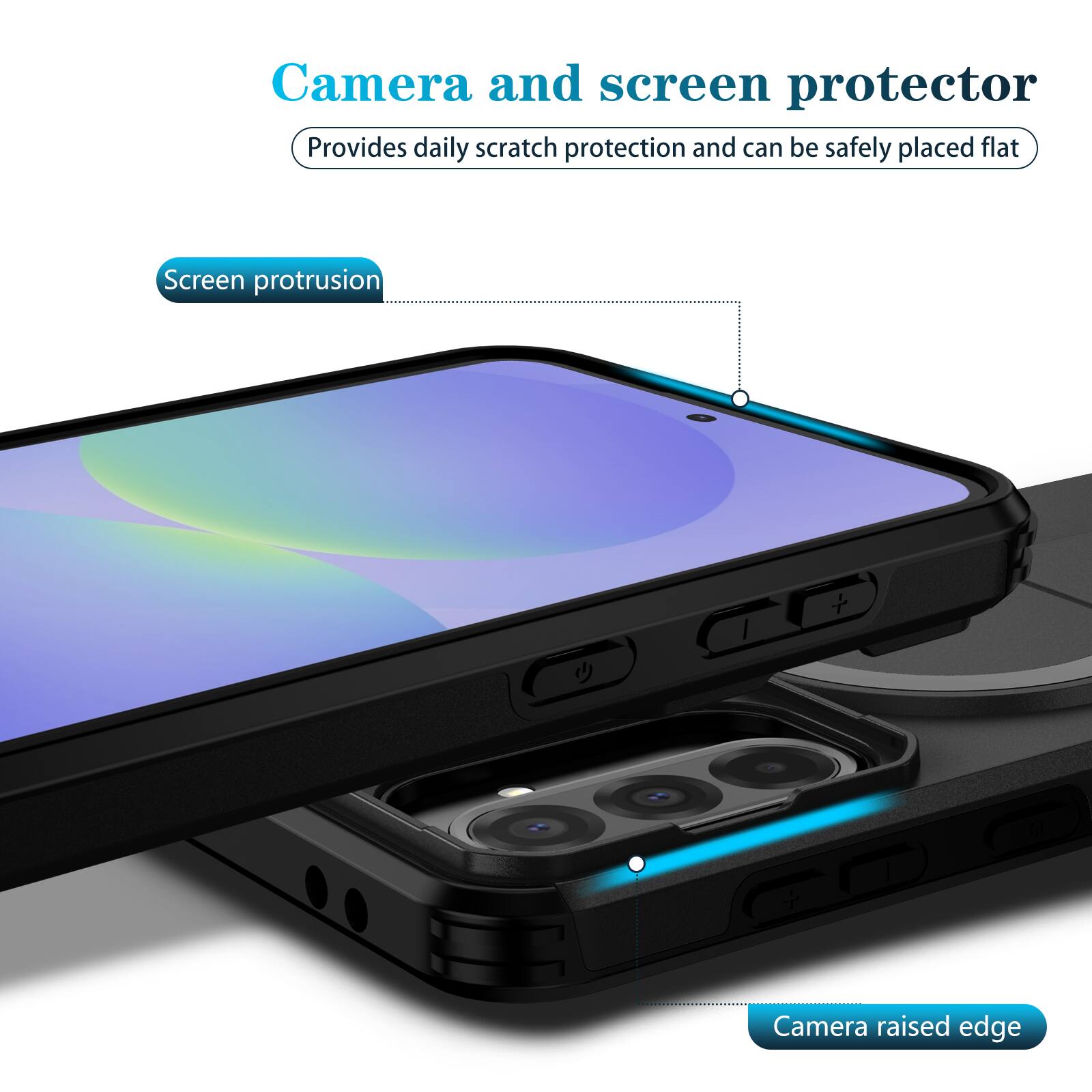 Camera and screen protector  
Provides daily scratch protection and can be safely placed flat  

Screen protrusion  
Camera raised edge