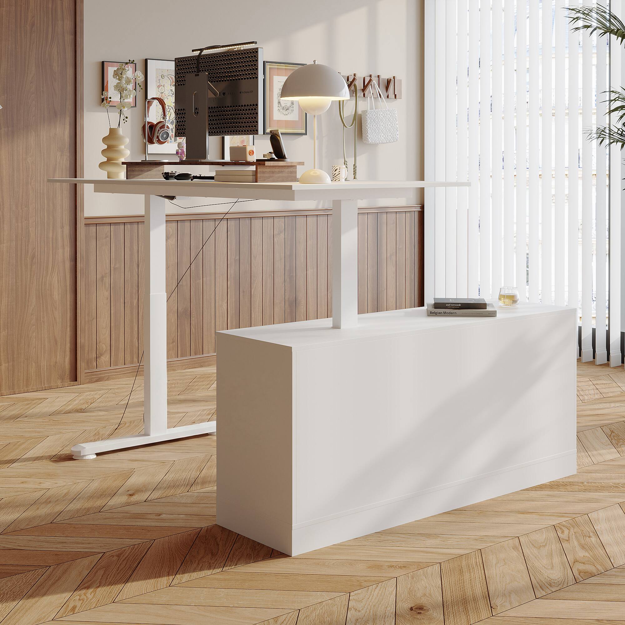 Back. FUFU & GAGA - Electric Standing Desk with Interchangeable Storage Cabinet – 63" Sit Stand Workstation, 4 Memory Presets - White.