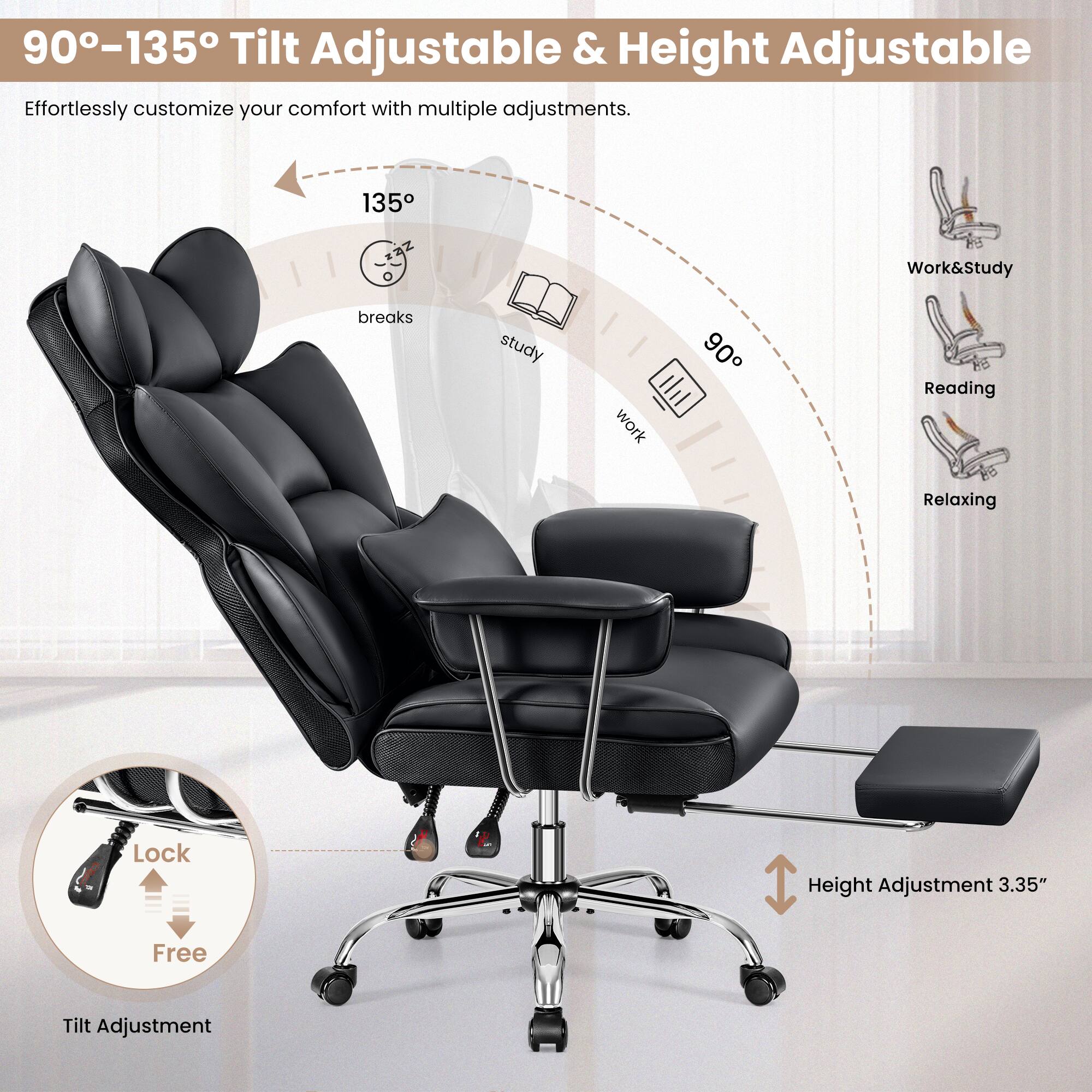 The text on the image is grouped and corrected as follows:

Effortlessly customize your comfort with multiple adjustments. 90-135 Tilt Adjustable & Height Adjustable. 135 PS Work&Study breaks study. 90 I work. Reading. Relaxing. Lock Height Adjustment 3.35" Free Tilt Adjustment.