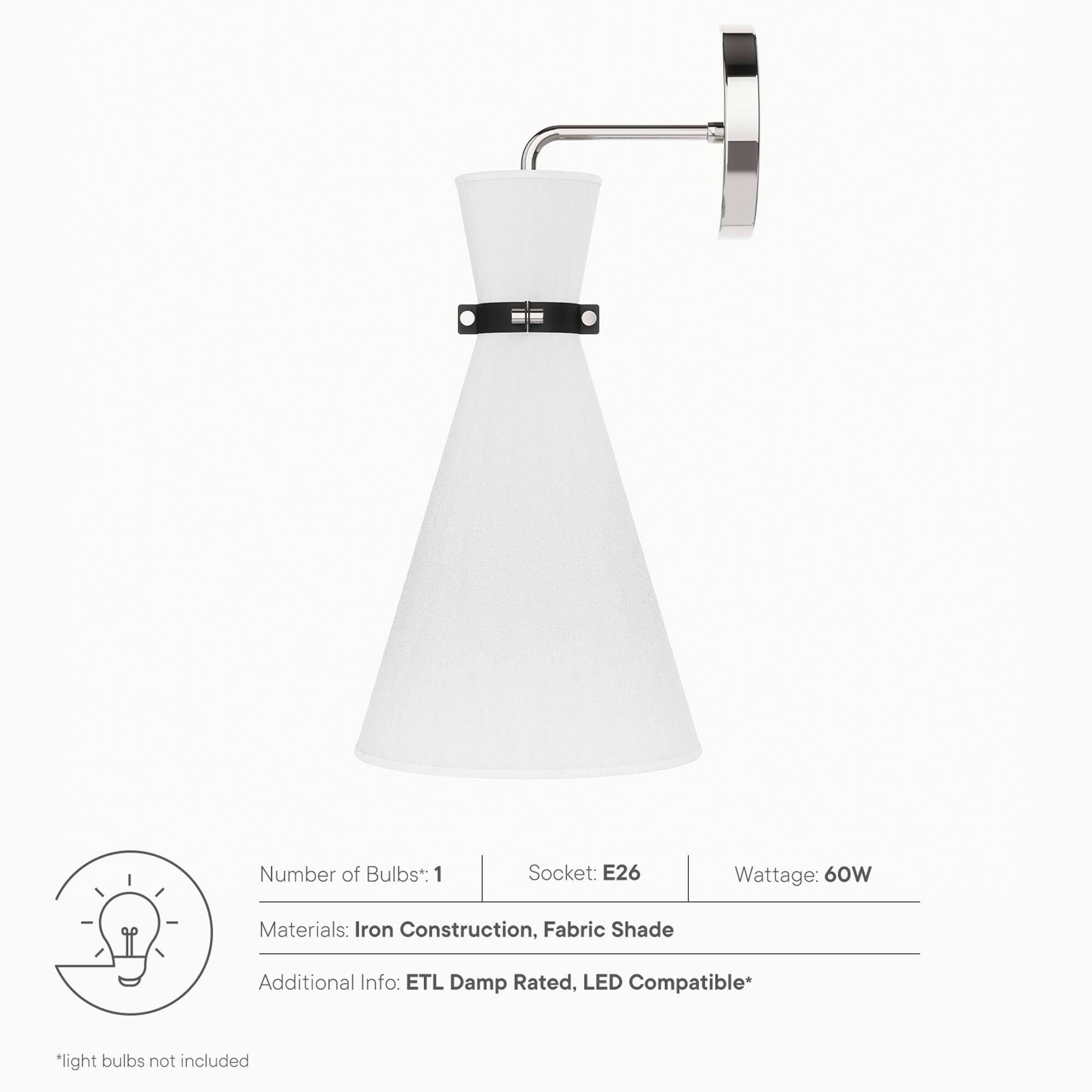 Number of Bulbs*: 1  
Socket: E26  
Wattage: 60W  
Materials: Iron Construction, Fabric Shade  
Additional Info: ETL Damp Rated, LED Compatible*  

*light bulbs not included