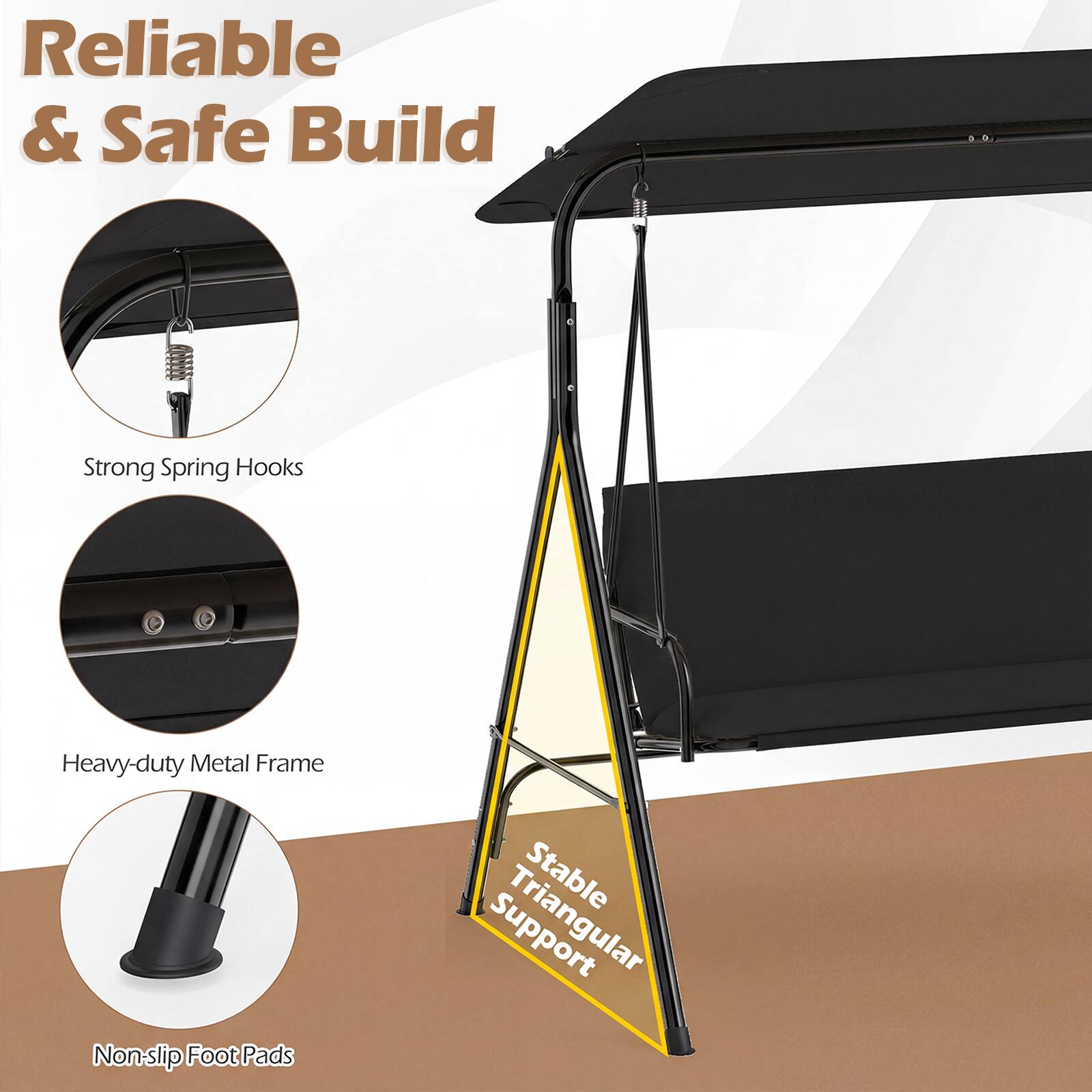 Reliable & Safe Build

Strong Spring Hooks

Heavy-duty Metal Frame

Non-slip Foot Pads

Stable Triangular Support
