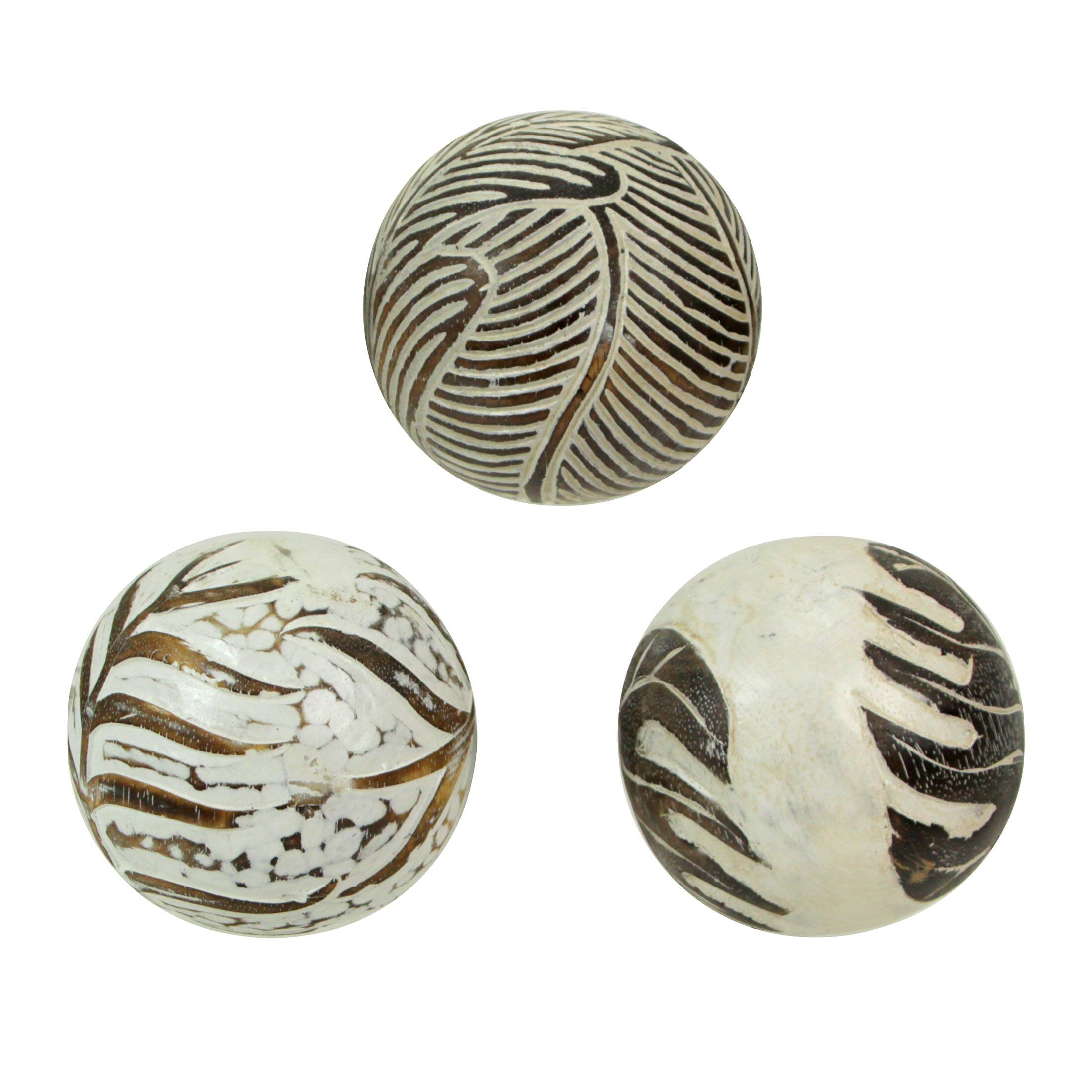 Alt View 1. Zeckos - Set of 3 Whitewashed Carved Tropical Leaf Solid Wood Decor Balls For Centerpieces and Tabletop Displays 4 Inch Diameter - White.