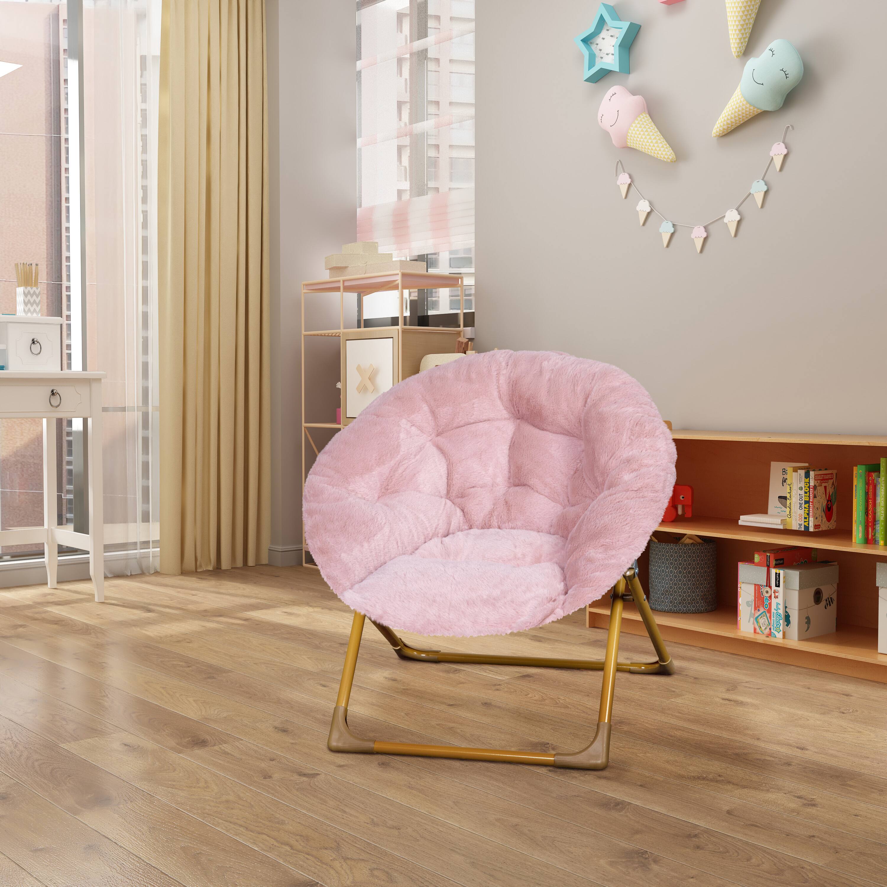 Alt View 1. Emma + Oliver - Io Kid's Folding Saucer Chair with Cozy Faux Fur Upholstery and Metal Frame for Playroom, Bedrooms, Nursery and More - Blush Faux Fur/Soft Gold Frame.