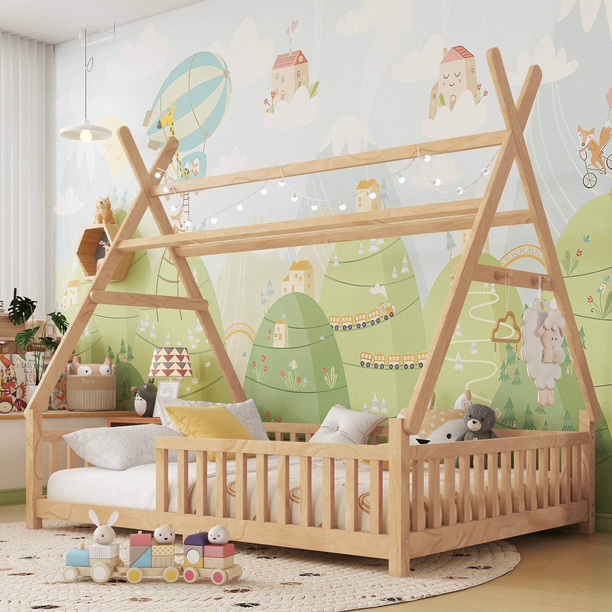 GOODSILO - Full Size Low Profile House Frame Bed with Detachable Roof and LED Light Kit for Children's Bedroom - Natural