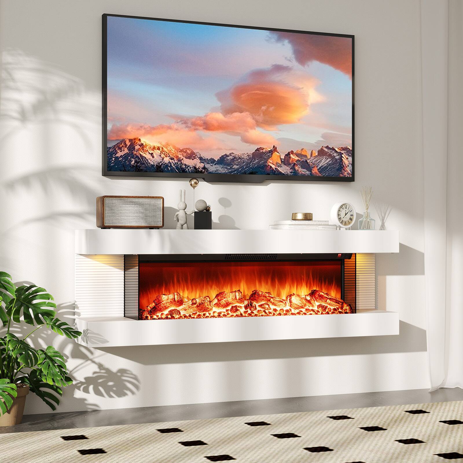 Alt View 1. Gymax - Gymax 18'' 3-Sided Wall Mounted Electric Fireplace w/ 32''Wide Floating Mantle - White.