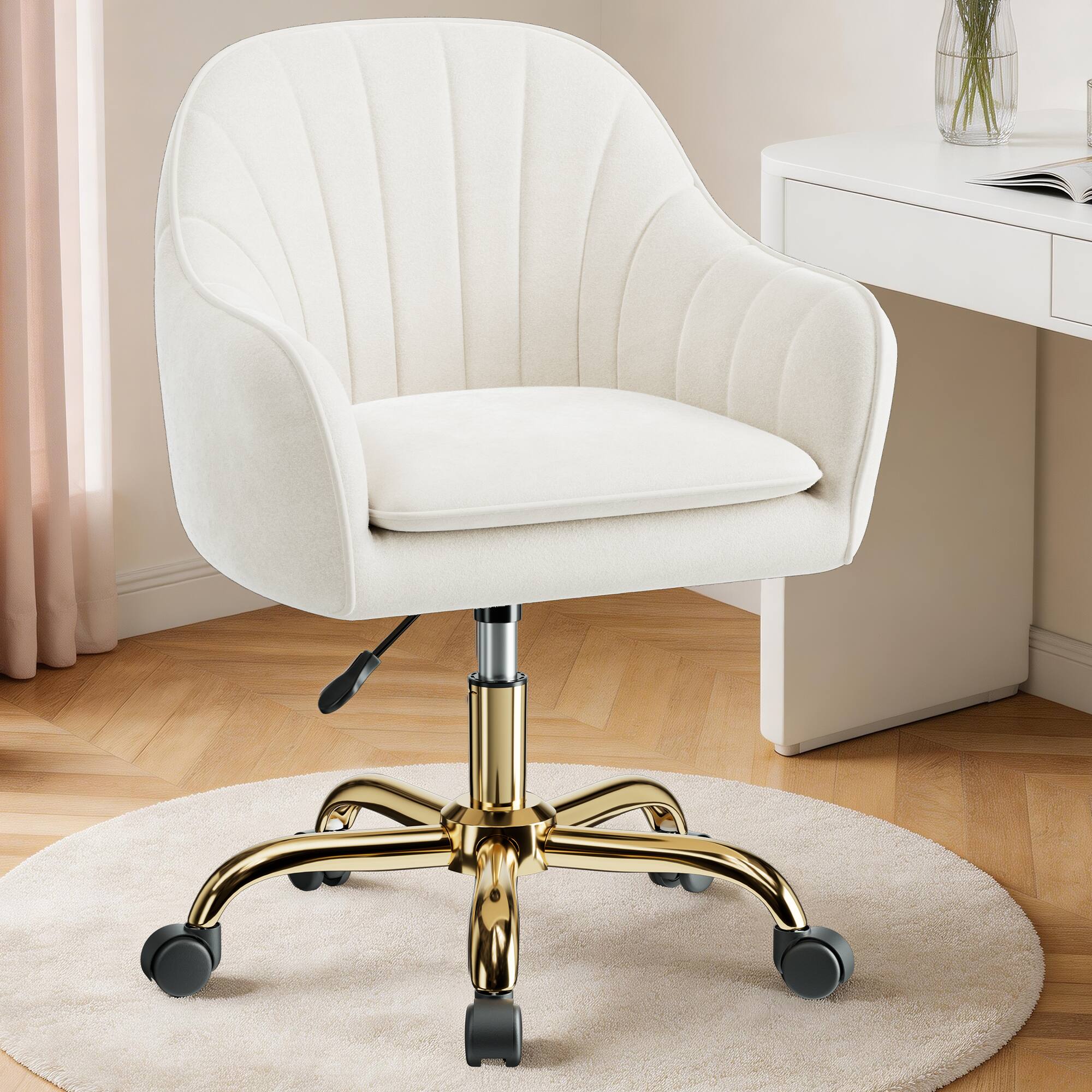Alt View 4. KERDOM - Upholstered Velvet Vanity Chair with Back & Wheels, Swivel Rolling Home Office Chair, Padded Dresser Chair Makeup Room - Beige.