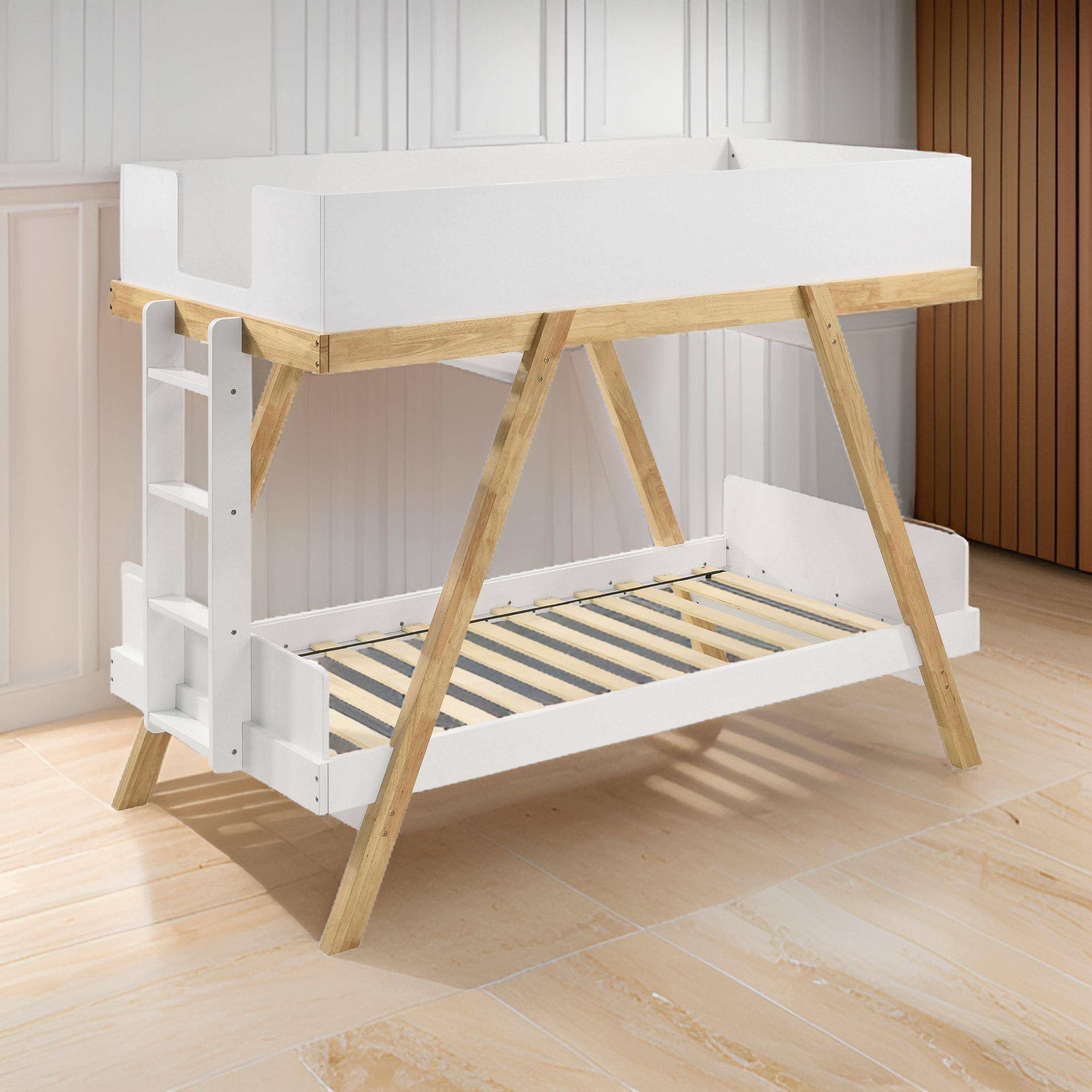 Alt View 5. Manhattan Lane - Anky Twin Size Bunk Bed, Brown Wood, 3 Side Panel Rails, Ladder - White, Brown.