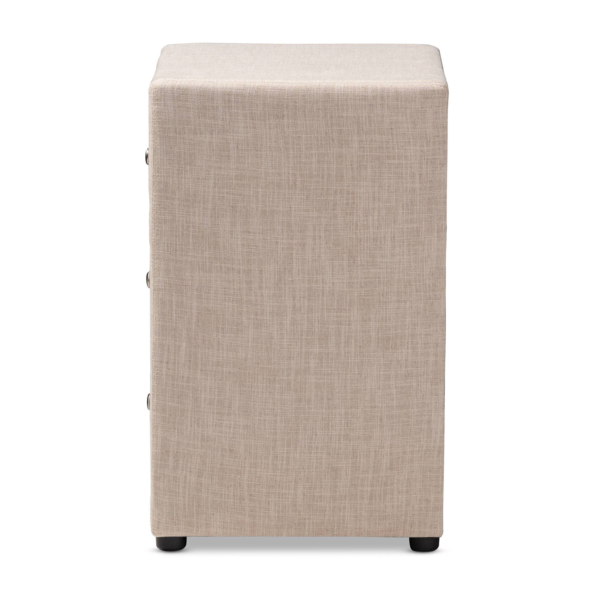 Back. Baxton Studio - Tessa Modern and Contemporary Fabric Upholstered 3-Drawer Nightstand - Beige.