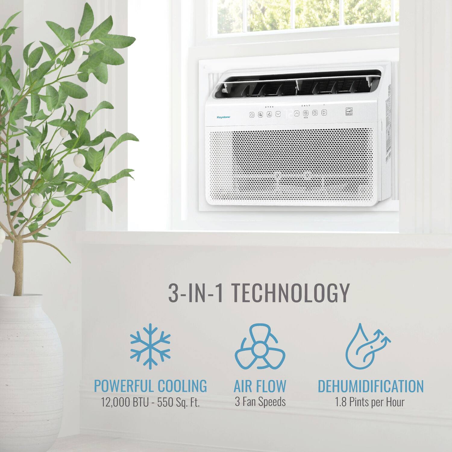 3-in-1 Technology: Powerful Cooling (12,000 BTU - 550 Sq. Ft.), Air Flow, Dehumidification (3 Fan Speeds, 1.8 Pints per Hour).