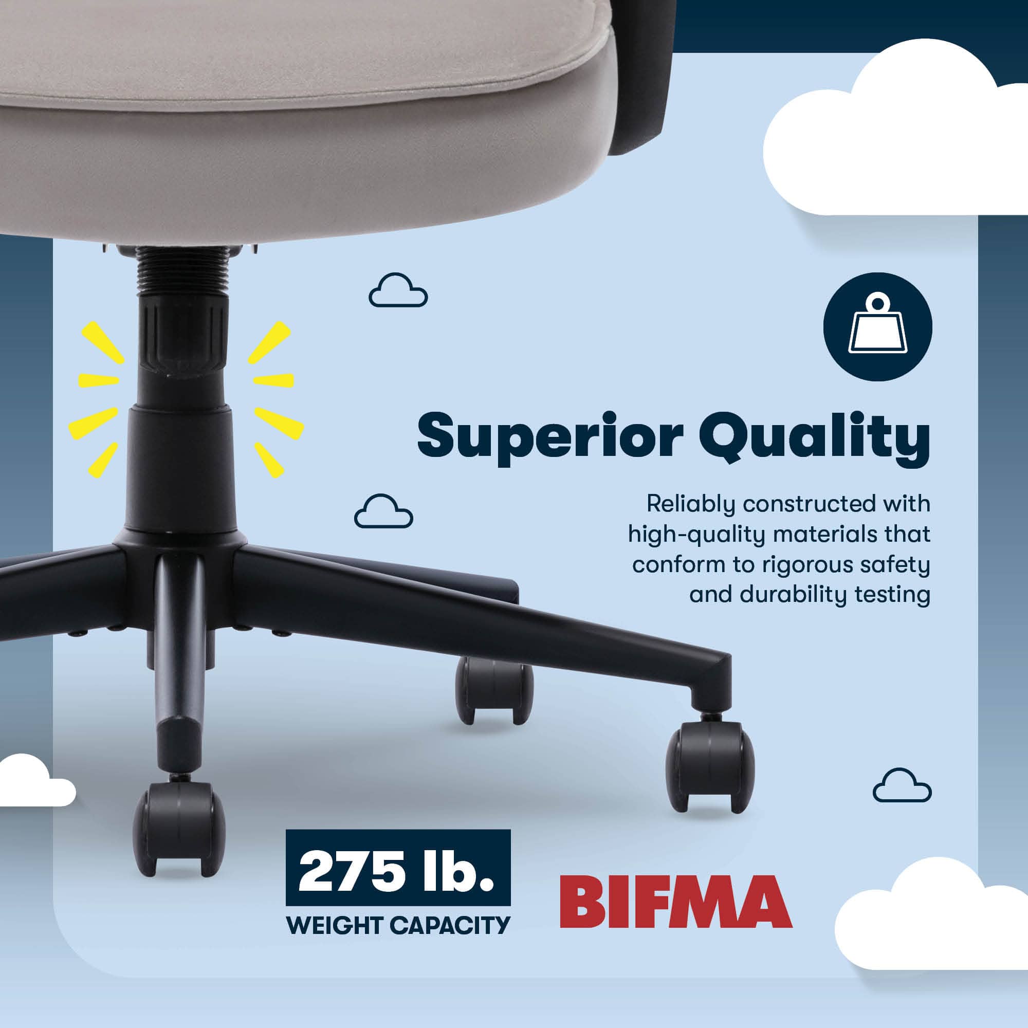 The text on the image reads: "Superior Quality Reliably constructed with high-quality materials that conform to rigorous safety and durability testing 275 lb. WEIGHT CAPACITY BIFMA."