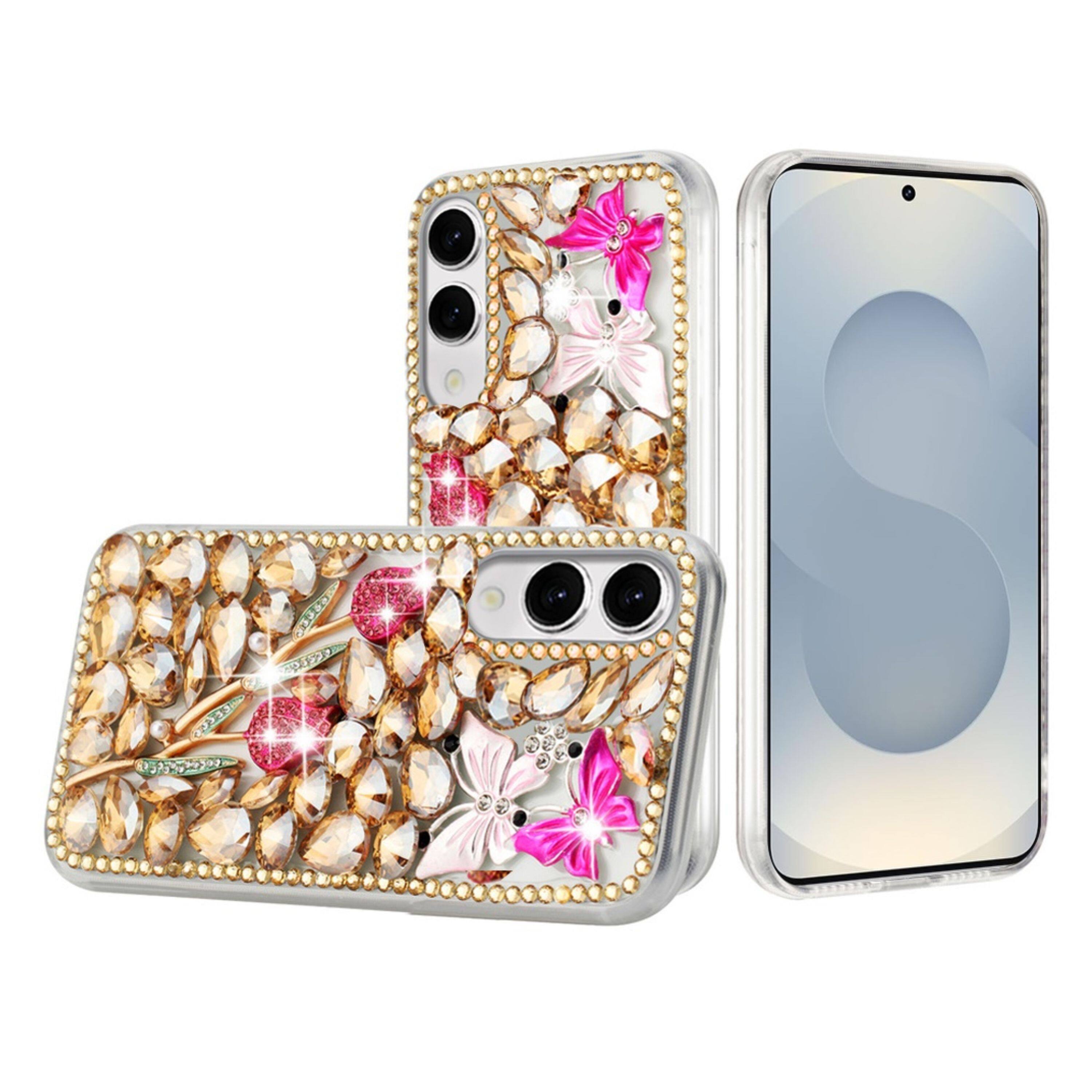 Angle. Kitcheniva - Full Diamond Bling 3D Jewel Ornaments With Tempered Glass For Samsung Galaxy S25 Edge Gold Exquisite Garden - Multicolor.