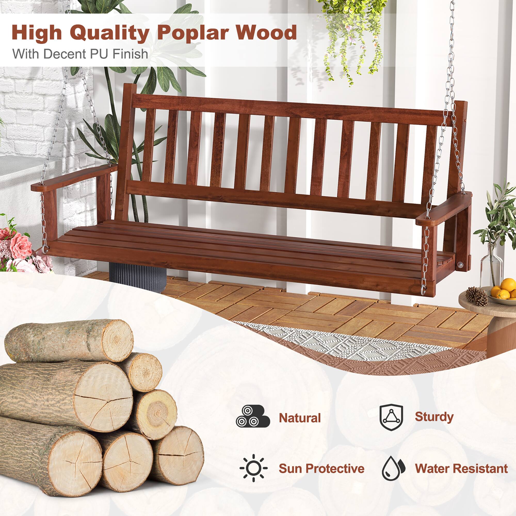 High Quality Poplar Wood  
With Decent PU Finish  

Natural  
Sturdy  
Sun Protective  
Water Resistant