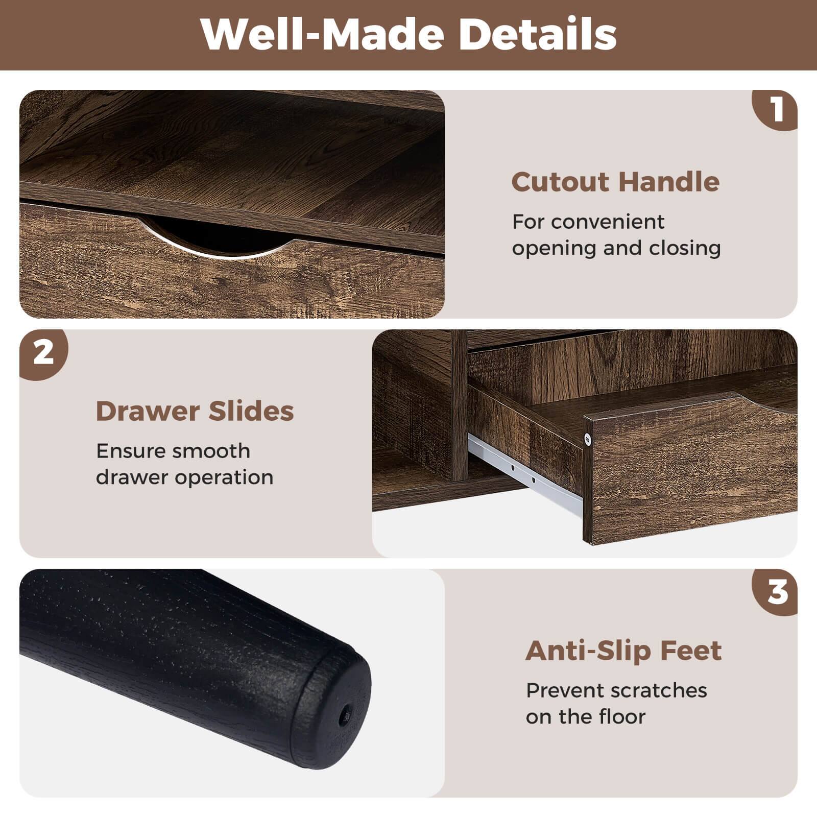 Well-Made Details

1. Cutout Handle  
   For convenient opening and closing

2. Drawer Slides  
   Ensure smooth drawer operation

3. Anti-Slip Feet  
   Prevent scratches on the floor