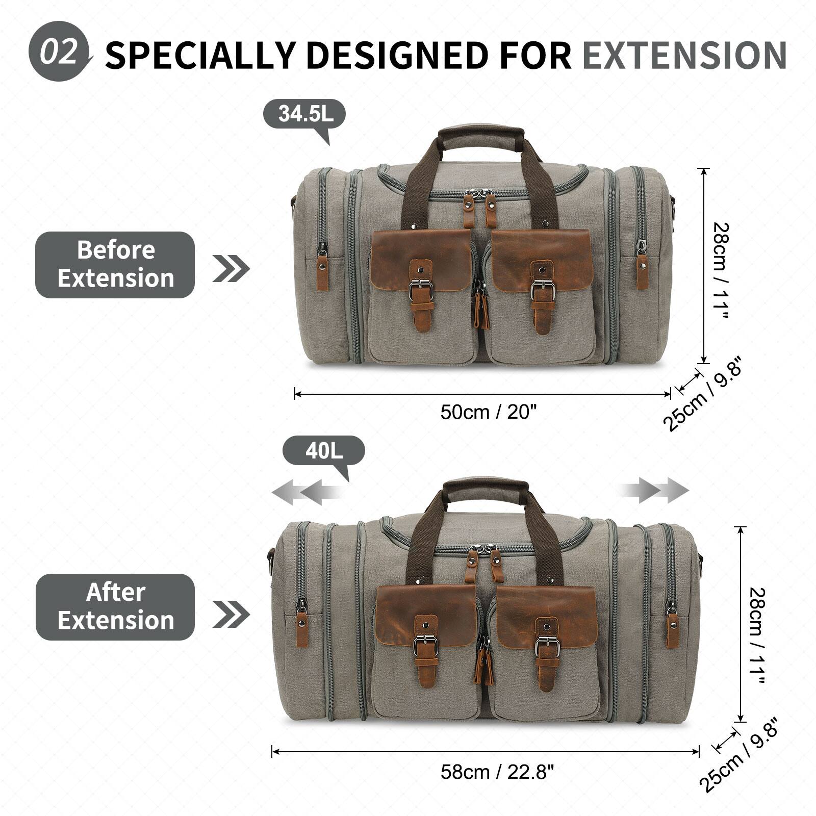 02 SPECIALLY DESIGNED FOR EXTENSION

Before Extension
34.5L
50cm / 20" (width) x 28cm / 11" (height) x 25cm / 9.8" (depth)

After Extension
40L
58cm / 22.8" (width) x 28cm / 11" (height) x 25cm / 9.8" (depth)