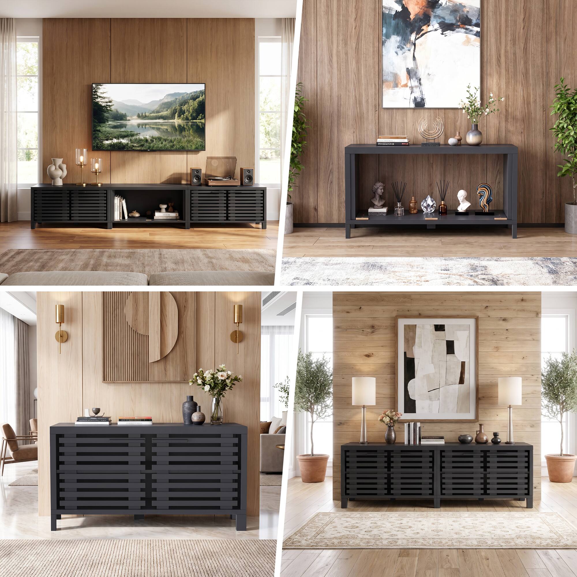 Back. Ihomeadore - 115" Farmhouse Slatted-Door TV Stand 3 Module Entertainment Center for TVs up to 100'' - Black.