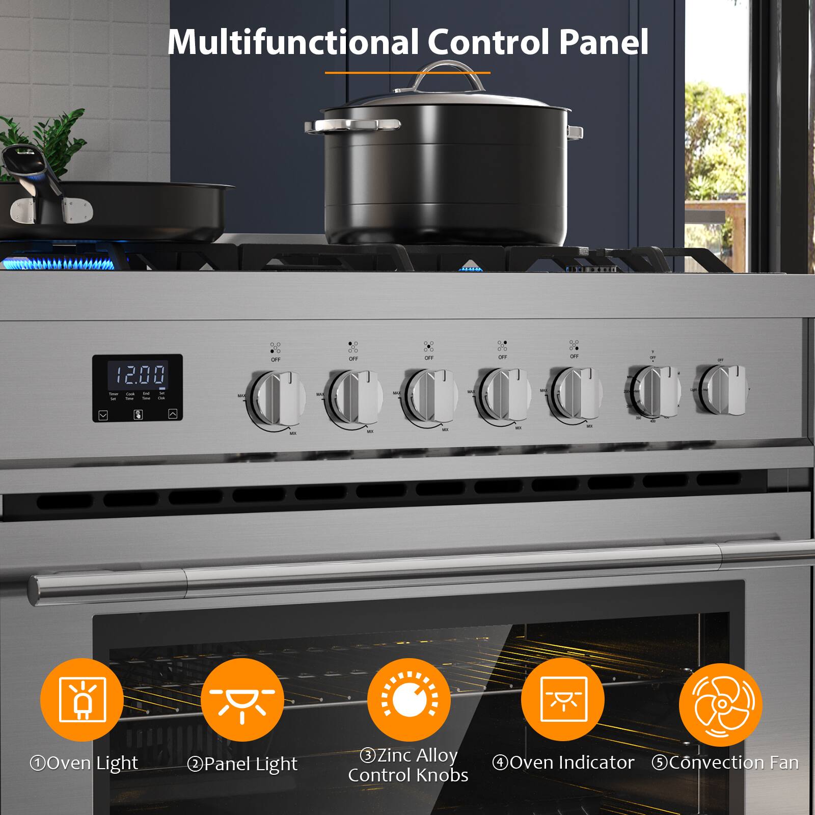 Multifunctional Control Panel
1. Oven Light
2. Panel Light
3. Zinc Alloy Control Knobs
4. Oven Indicator
5. Convection Fan