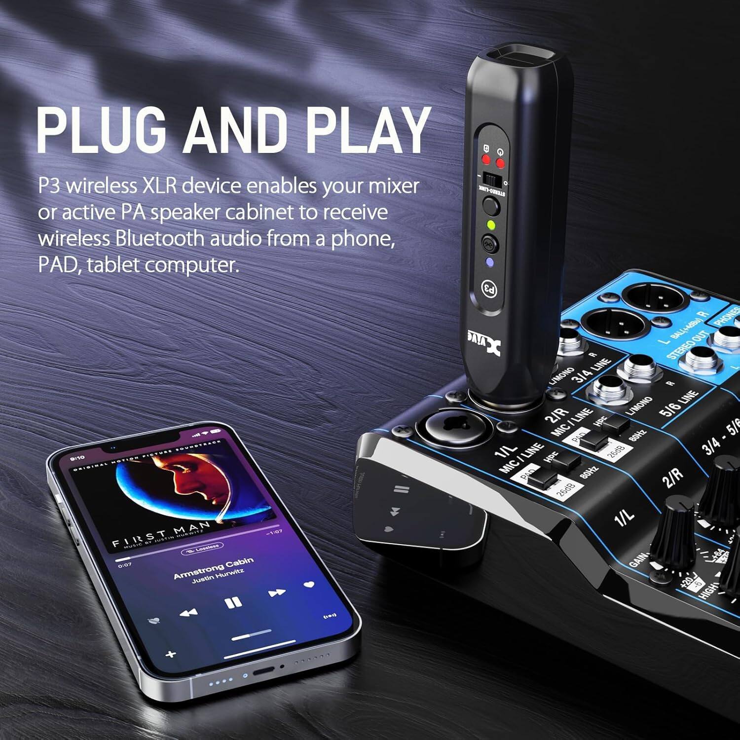 PLUG AND PLAY

P3 wireless XLR device enables your mixer or active PA speaker cabinet to receive wireless Bluetooth audio from a phone, PAD, tablet computer.

Armstrong Cabin
Justin Timberlake