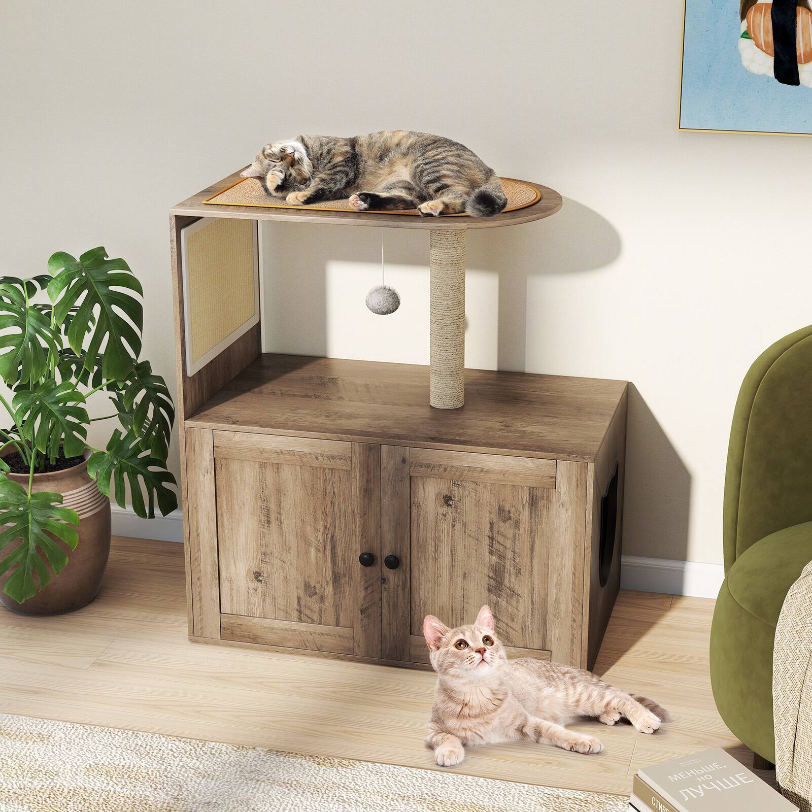 Alt View 1. Costway - Costway 34.5" Cat Litter Box Enclosure Cat Climbing Tower w/Sisal Scratching Post & Mat - Gray.