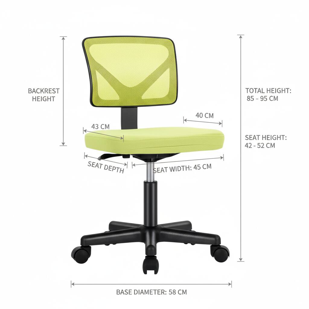 Sure, here is the corrected and grouped text:

- **Backrest Height:** 43 cm
- **Total Height:** 85 - 95 cm
- **Seat Height:** 42 - 52 cm
- **Seat Width:** 45 cm
- **Seat Depth:** 40 cm
- **Base Diameter:** 58 cm