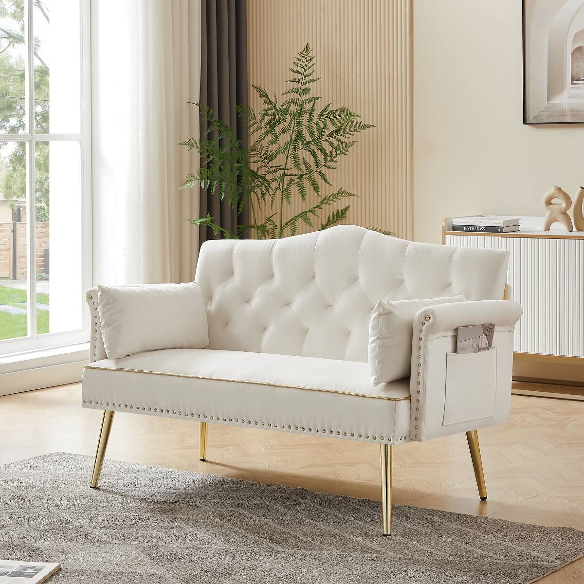 Angle. Ropilly - Ropilly Cream White 2 Seater Sofa, Contemporary Tufted Velvet Sofa with Metal Legs - Cream White.