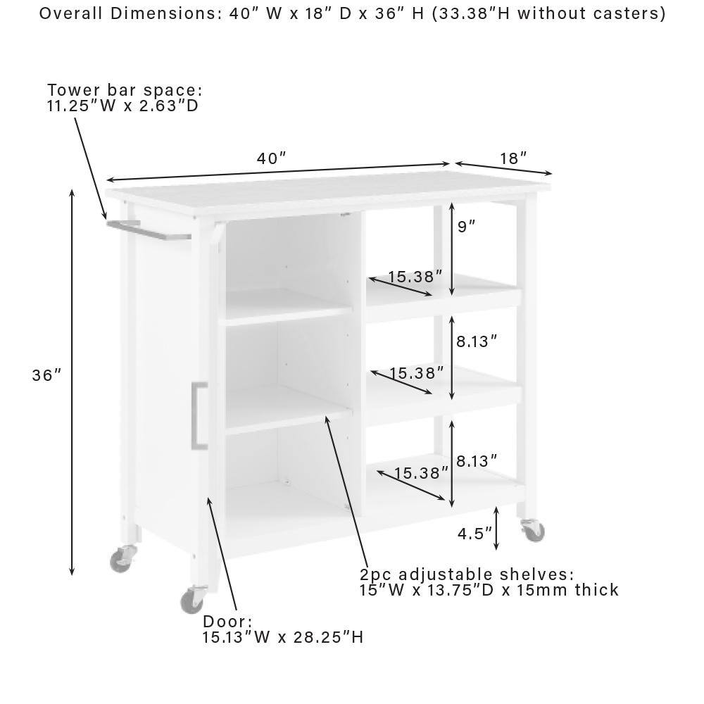 Overall Dimensions: 40" W x 18" D x 36" H (33.38"H without casters)

Tower bar space: 11.25"W x 2.63"D

2pc adjustable shelves: 15"W x 13.75"D x 15mm thick

Door: 15.13"W x 28.25"H