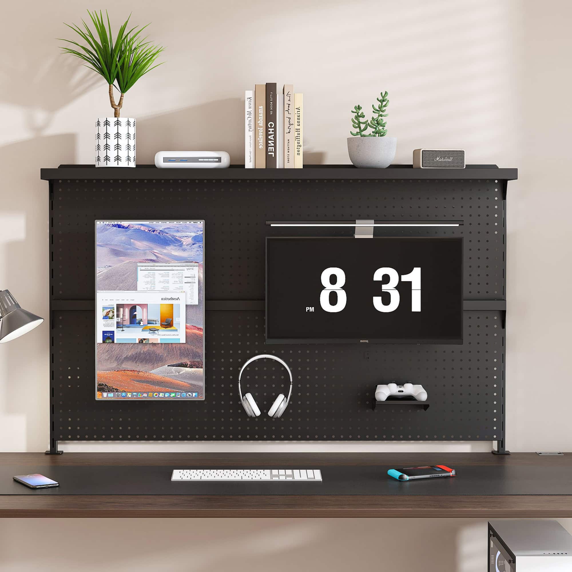 GOODSILO - Large Dual Monitor Stand Desk Organizer with Pegboard Panel and Modular Storage Accessories - Black