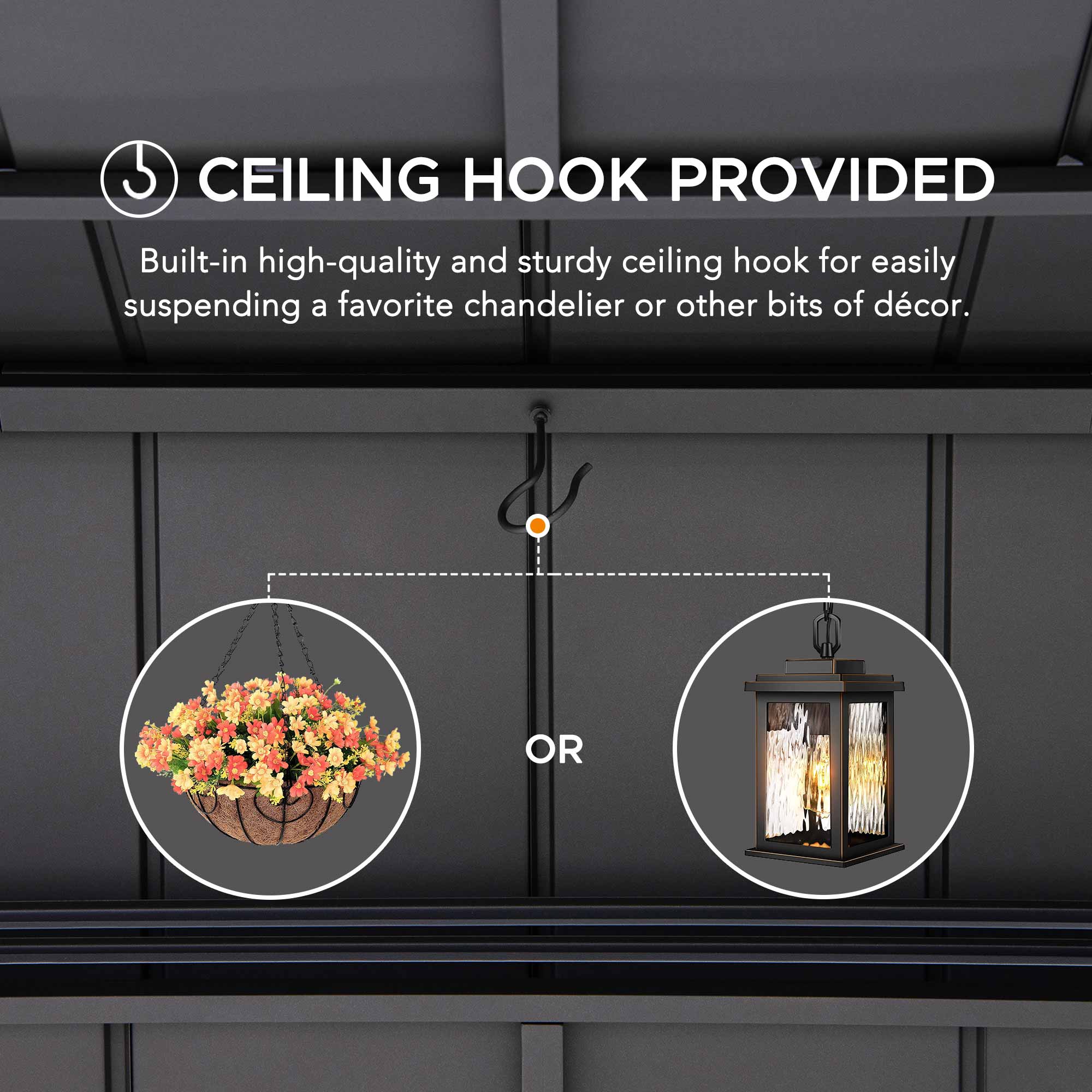 5 CEILING HOOK PROVIDED

Built-in high-quality and sturdy ceiling hook for easily suspending a favorite chandelier or other bits of décor.