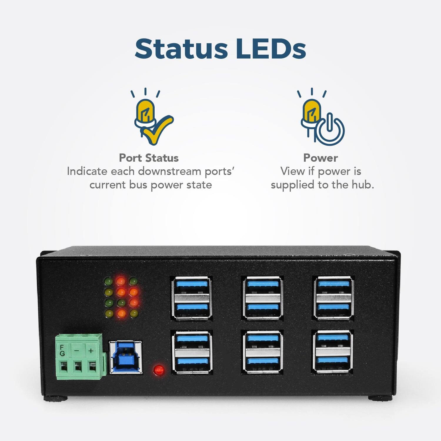 Status LEDs

Port Status  
Indicate each downstream ports' current bus power state

Power  
View if power is supplied to the hub.