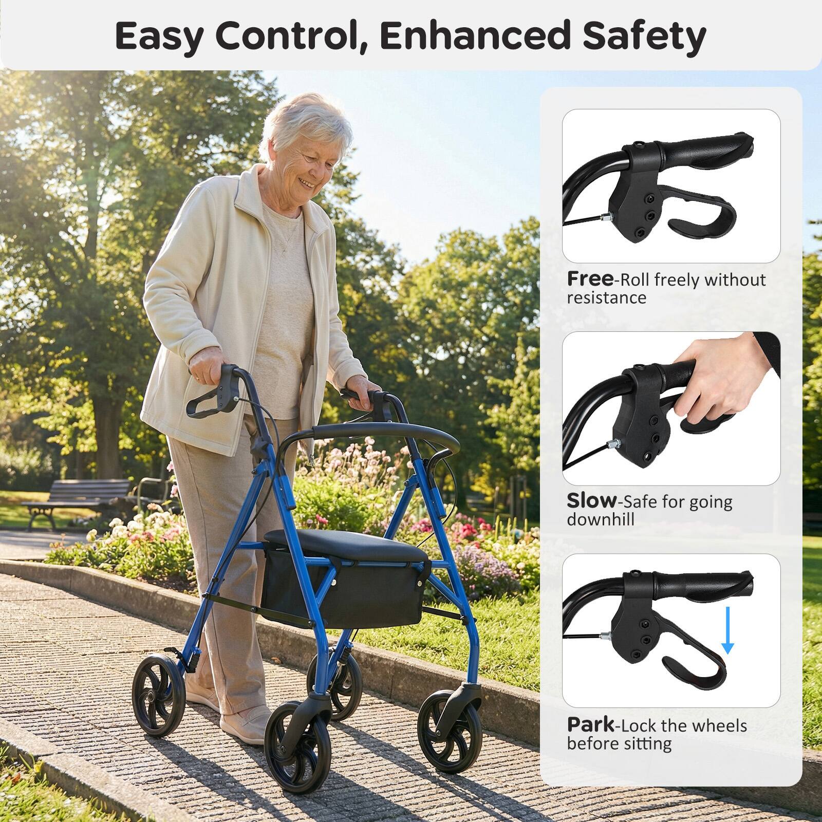 Easy Control, Enhanced Safety

- Free-Roll freely without resistance
- Slow-Safe for going downhill
- Park-Lock the wheels before sitting