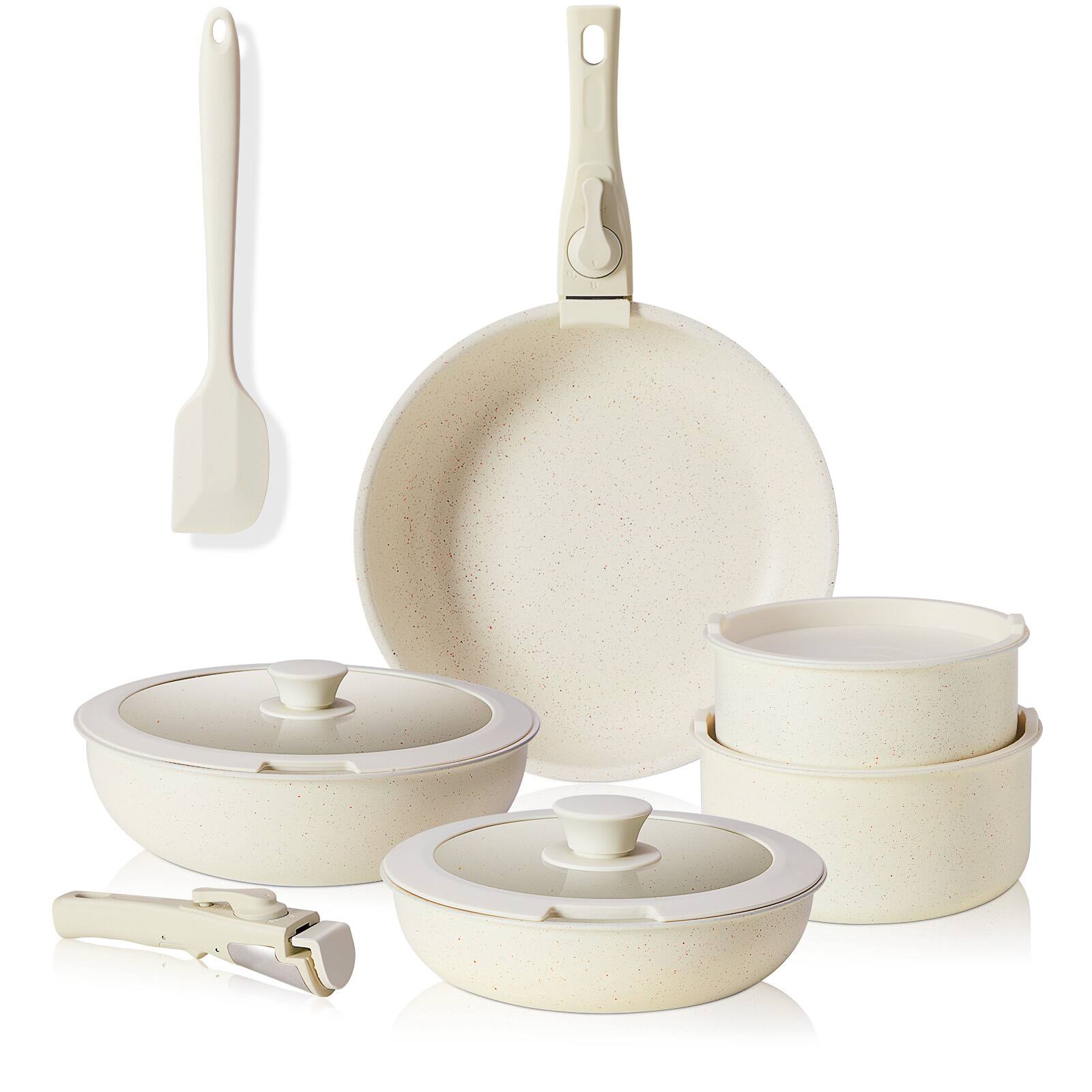 Front. Aukfa - 12-Piece Non-Stick Ceramic Cookware Set with Frying Pan, Sauce Pots & Storage Lids – Speckled Cream - White.