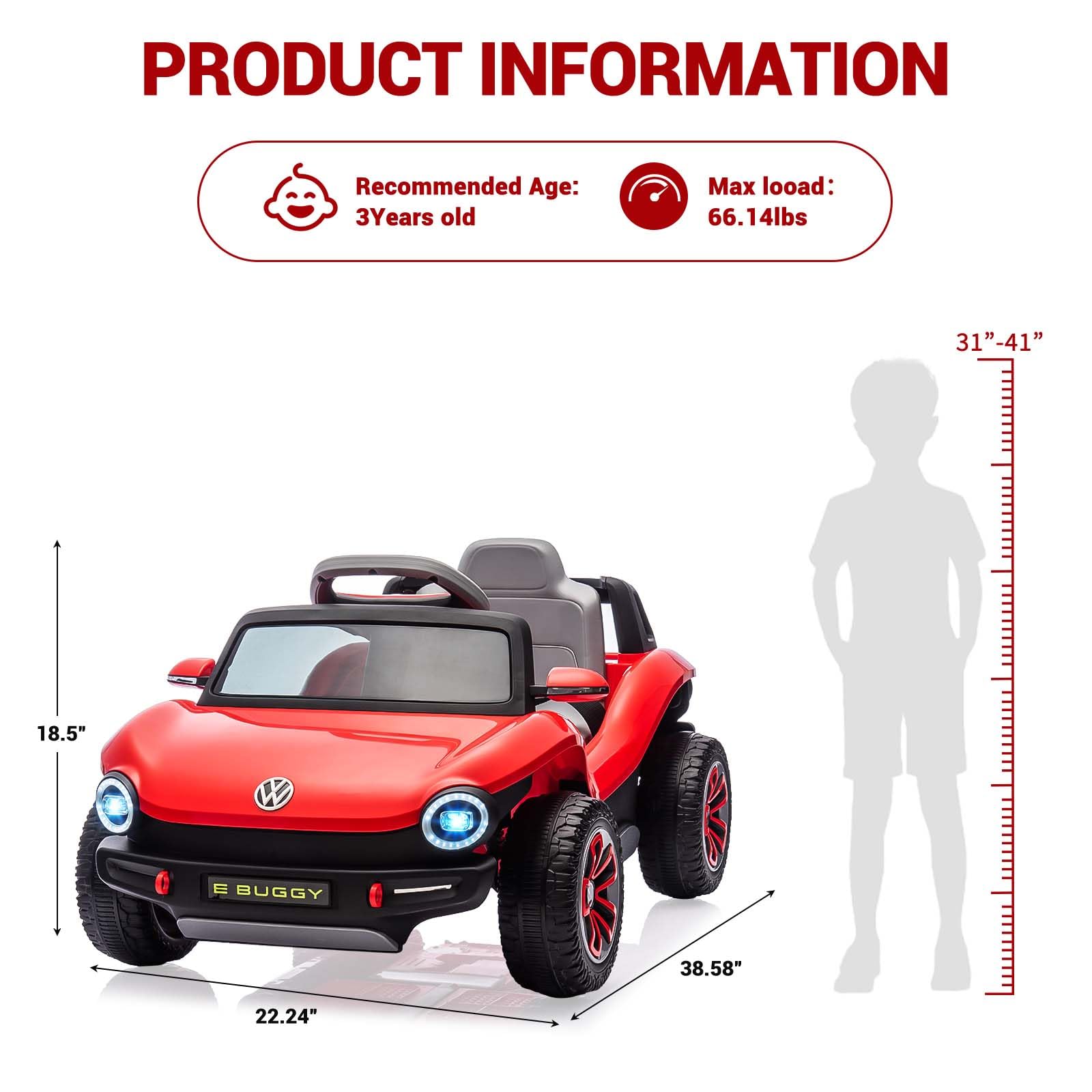 PRODUCT INFORMATION

Recommended Age: 3 Years old

Max load: 66.14lbs

Dimensions:
- Length: 38.58"
- Width: 22.24"
- Height: 18.5"
- Seat Height: 31" - 41"