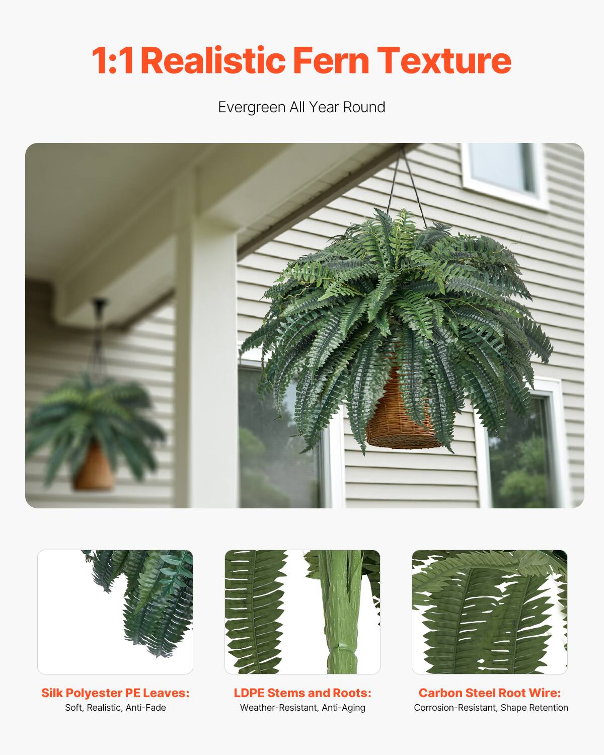 1:1 Realistic Fern Texture
Evergreen All Year Round

Silk Polyester PE Leaves: Soft, Realistic, Anti-Fade
LDPE Stems and Roots: Weather-Resistant, Anti-Aging
Carbon Steel Root Wire: Corrosion-Resistant, Shape Retention