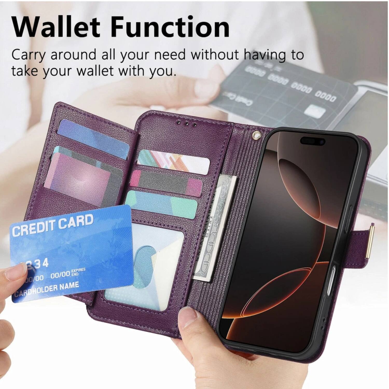 Wallet Function  
Carry around all your needs without having to take your wallet with you.

CREDIT CARD  
334  
00/00 00/00 EXPIRES  
CARDHOLDER NAME