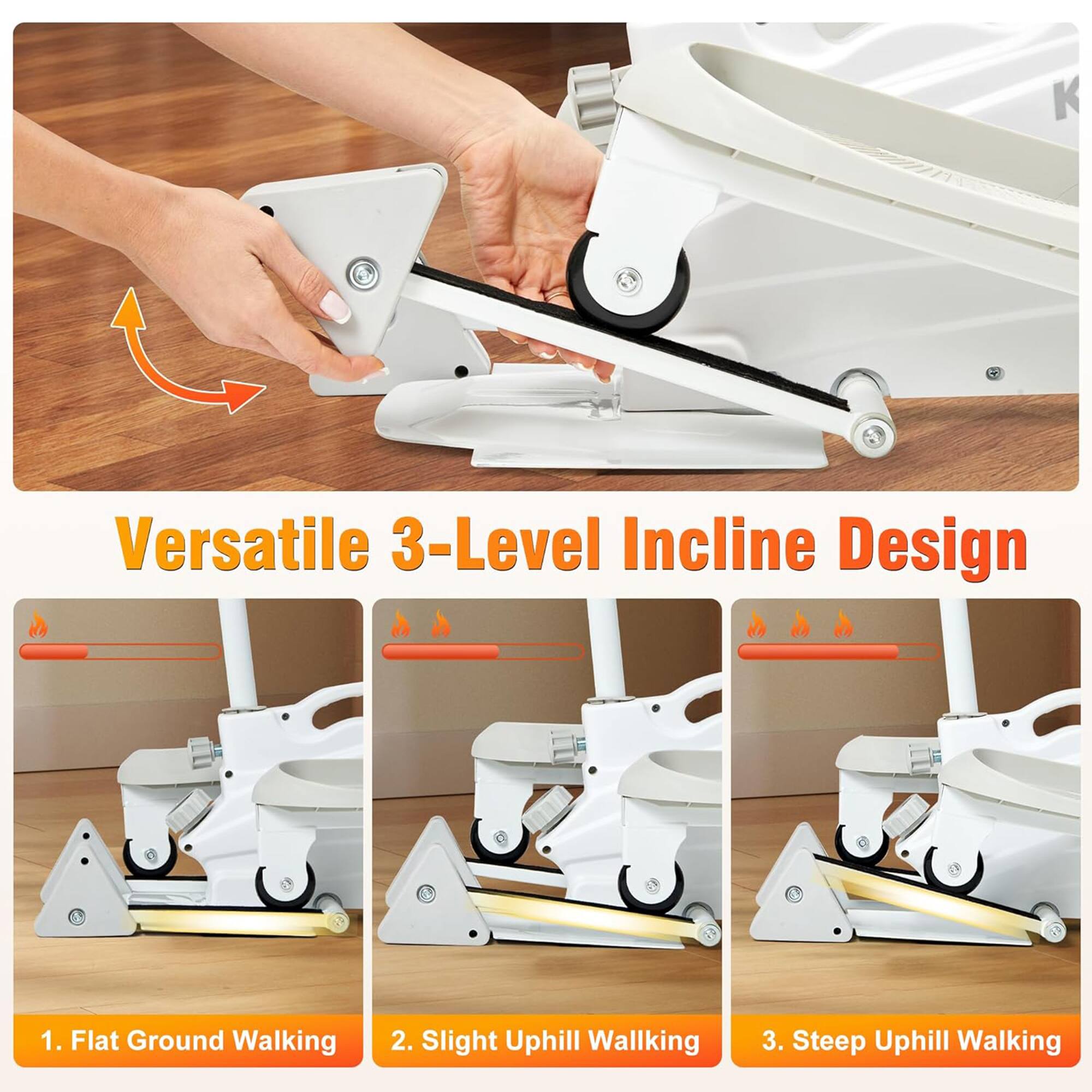 Versatile 3-Level Incline Design

1. Flat Ground Walking
2. Slight Uphill Walking
3. Steep Uphill Walking