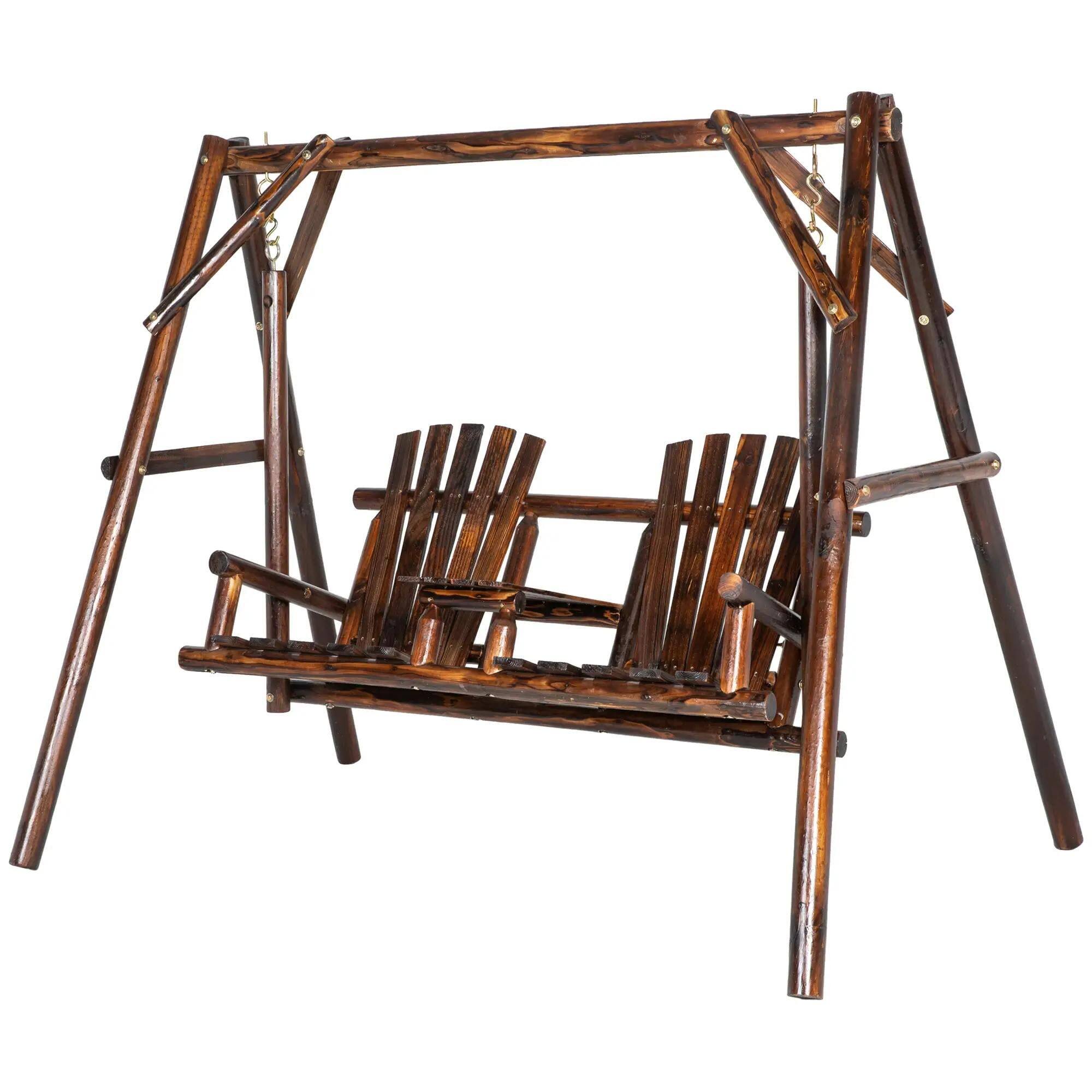 Angle. Resenkos - Resenkos 2-Seat Swing Chair With Table, Wooden Porch Swing Stand, Garden Poolside Backyard Relaxation, Carbonized Wood.