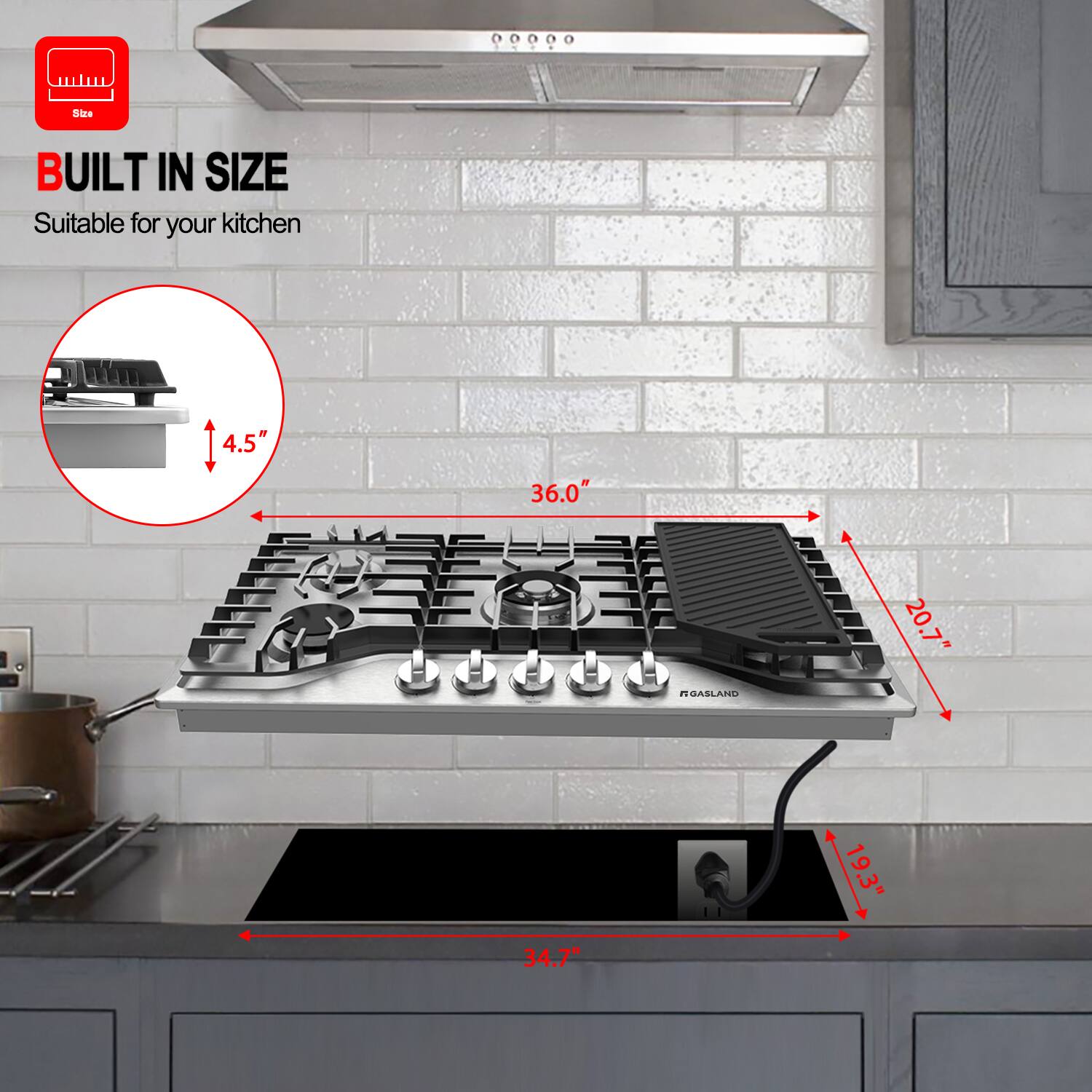 BUILT IN SIZE, Suitable for your kitchen, 4.5", 36.0", 20.7", 19.3", 34.7"