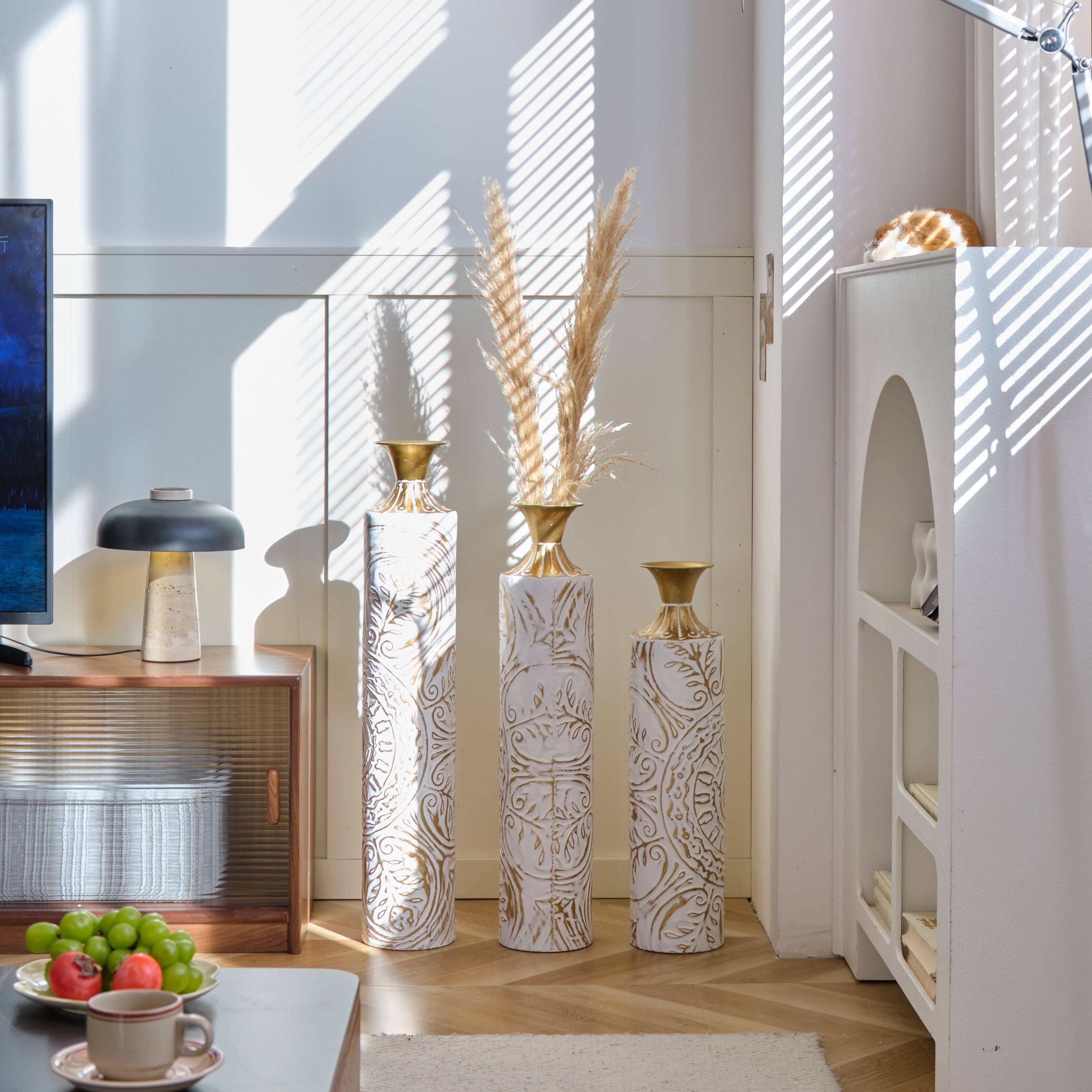 Alt View 3. Anysun - White Metal Floor Vases Set of 3 - Glazed Finish, 24in/28.7in/33.5in Height for Home Decor - White.