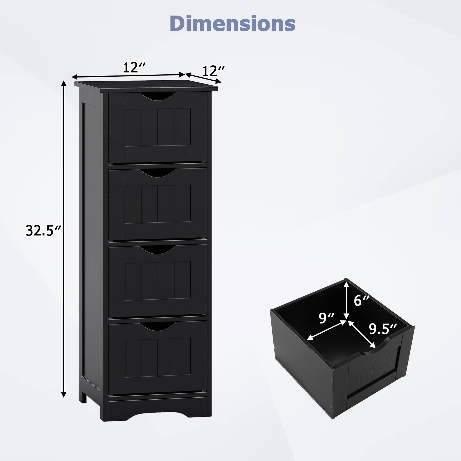 Dimensions:  
- Height: 32.5"  
- Width: 12"  
- Depth: 12"  
- Top Surface: 9.5" x 6"  
- Drawer Front: 9" x 6"