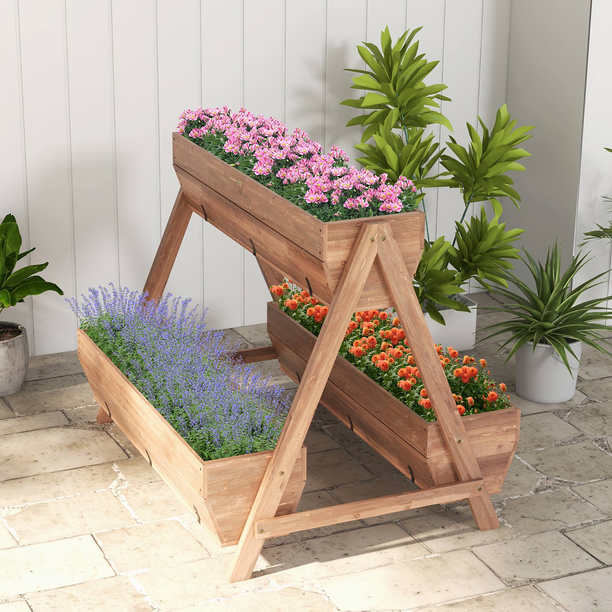 Alt View 4. Gymax - Gymax Vertical Raised Garden Bed Wood Tiered Plant Stand w/ 3 Planter Containers - Brown.