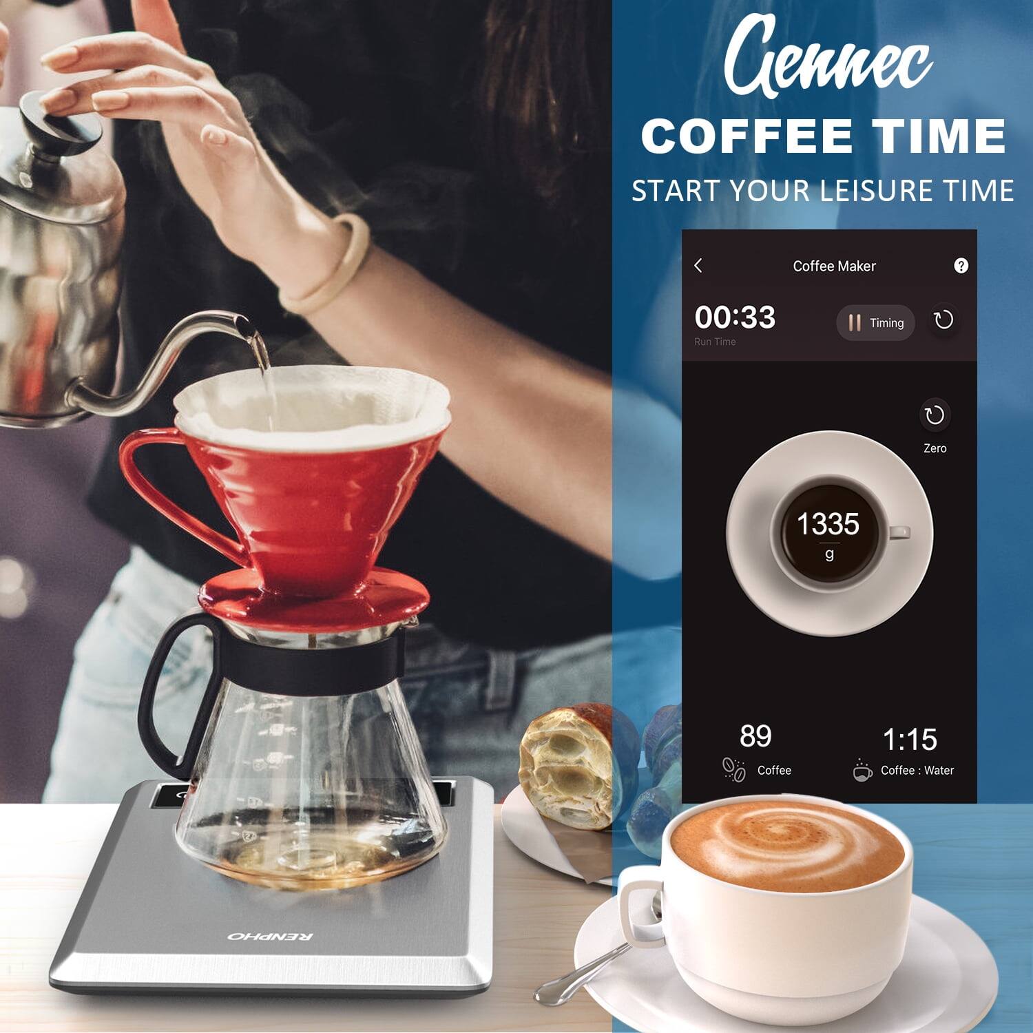 Aennec COFFEE TIME START YOUR LEISURE TIME Coffee Maker 00:33 Run Time Timing Zero 1335 g 89 Coffee 1:15 Coffee Water RENPHO