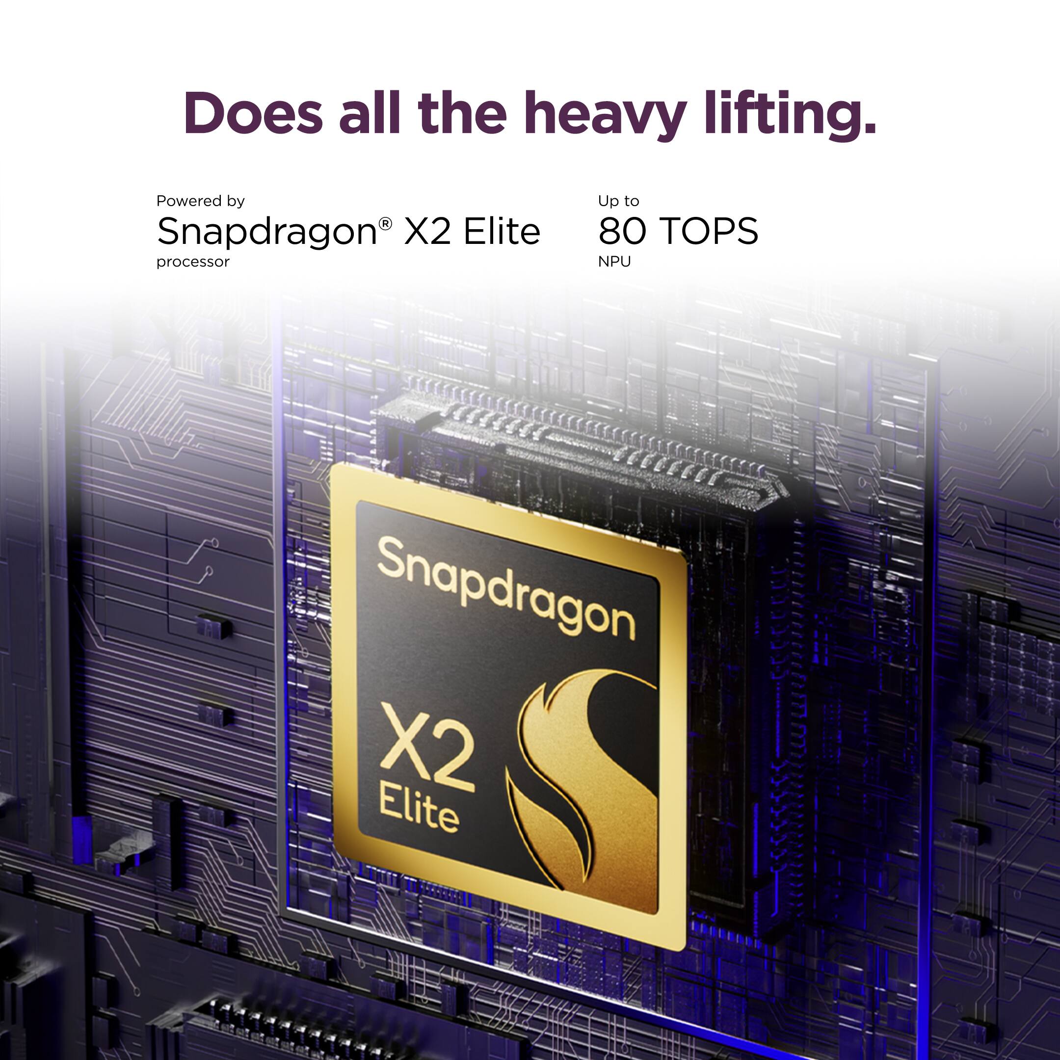 Does all the heavy lifting.  
Powered by Snapdragon X2 Elite processor  
Up to 80 TOPS NPU