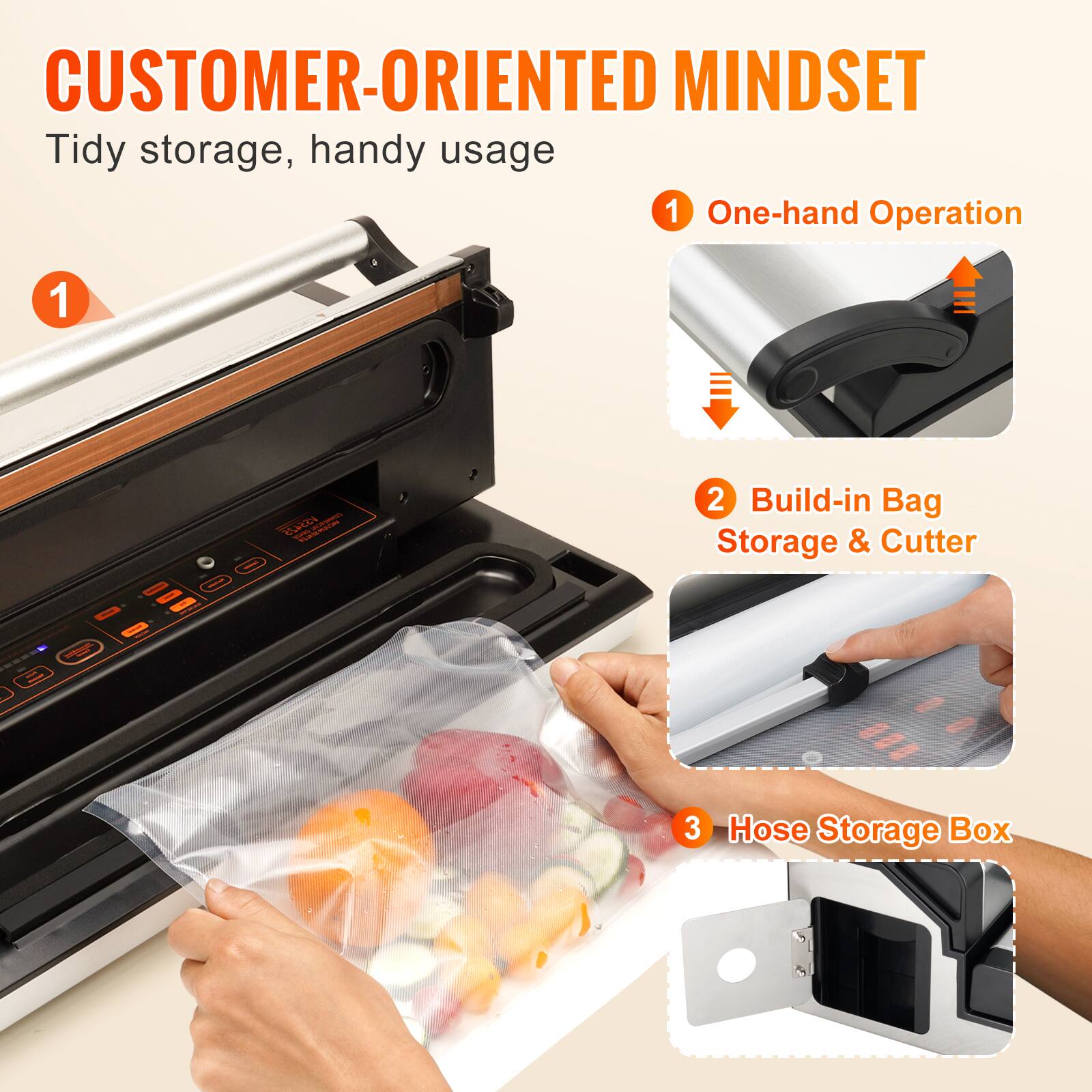 CUSTOMER-ORIENTED MINDSET  
Tidy storage, handy usage  

1. One-hand Operation  
2. Build-in Bag Storage & Cutter  
3. Hose Storage Box