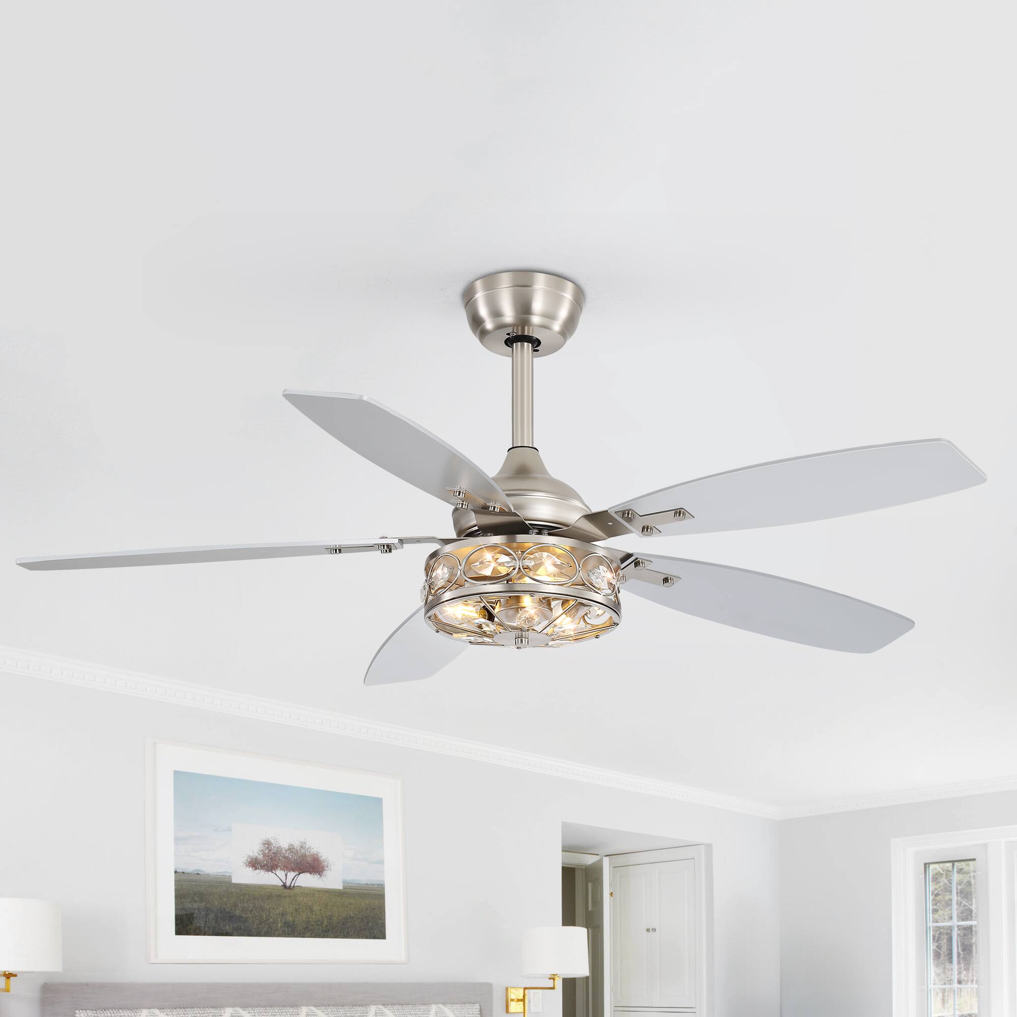 Back. Breezary - 48-in Indoor Ceiling Fan with Light Kit and Remote, 5 Blades, 6-Speed DC Motor, with Timer and 4''/8'' Downrods - Satin Nickel.