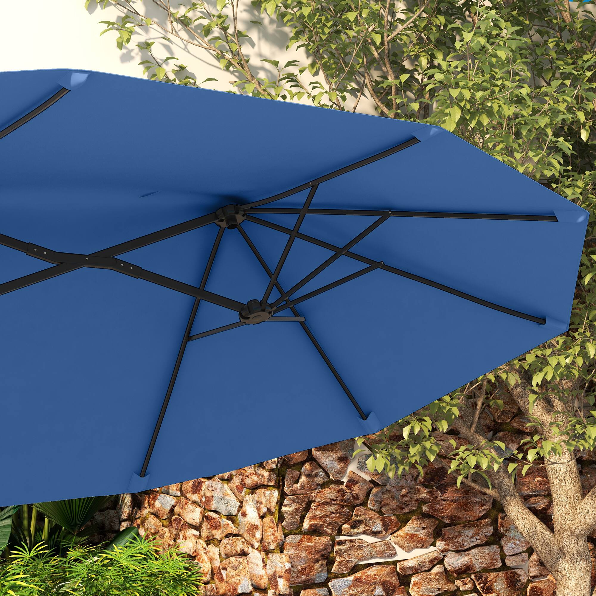 Alt View 5. Outsunny - Double Sided Patio Umbrella, 9.5' Large Outdoor Market Umbrella with Push Button Tilt and Crank, 3 Air Vents - Navy Blue.